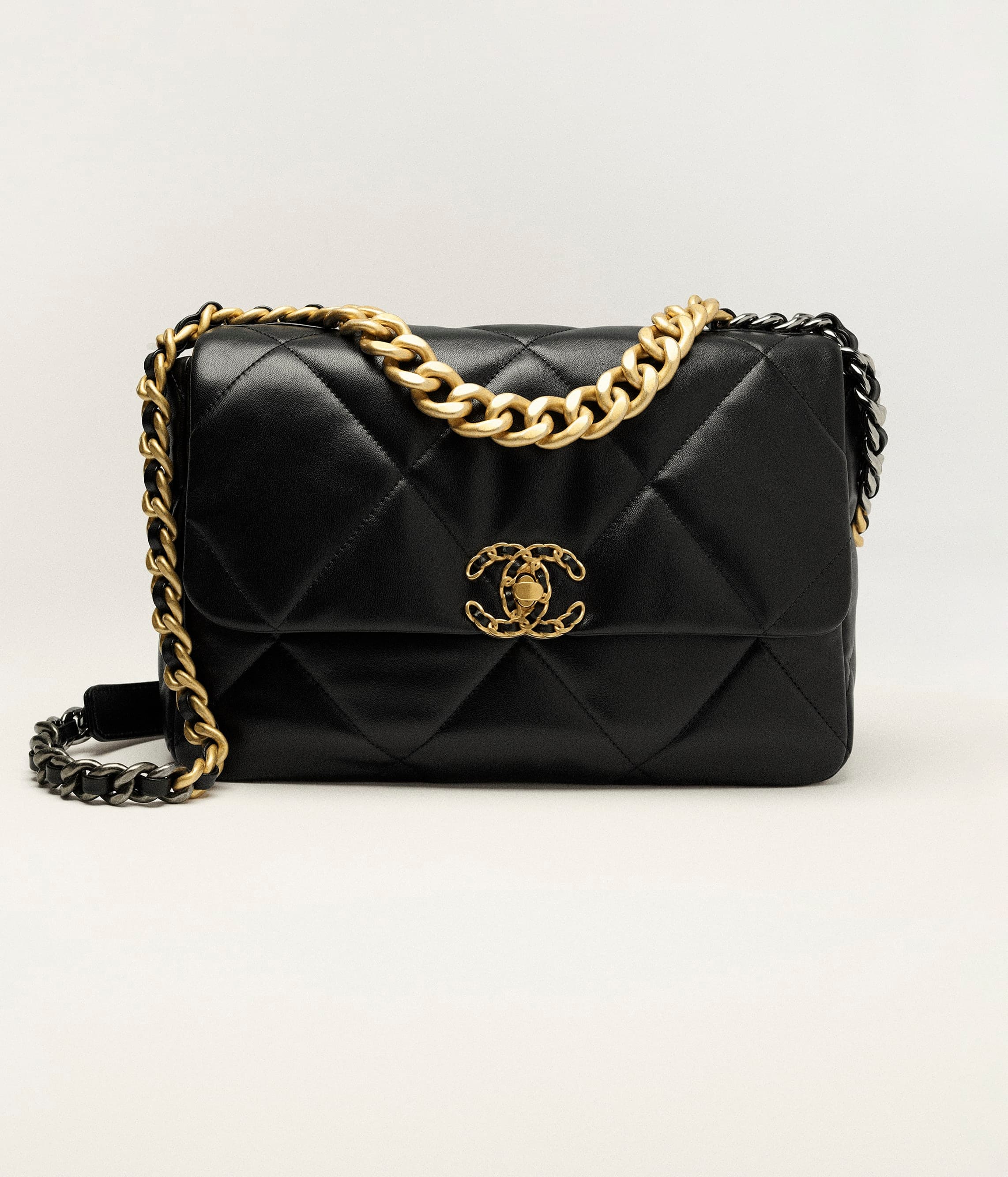 19 large handbag, Shiny lambskin, gold-tone, silver-tone & ruthenium-finish metal, black — AS1161B0485294305