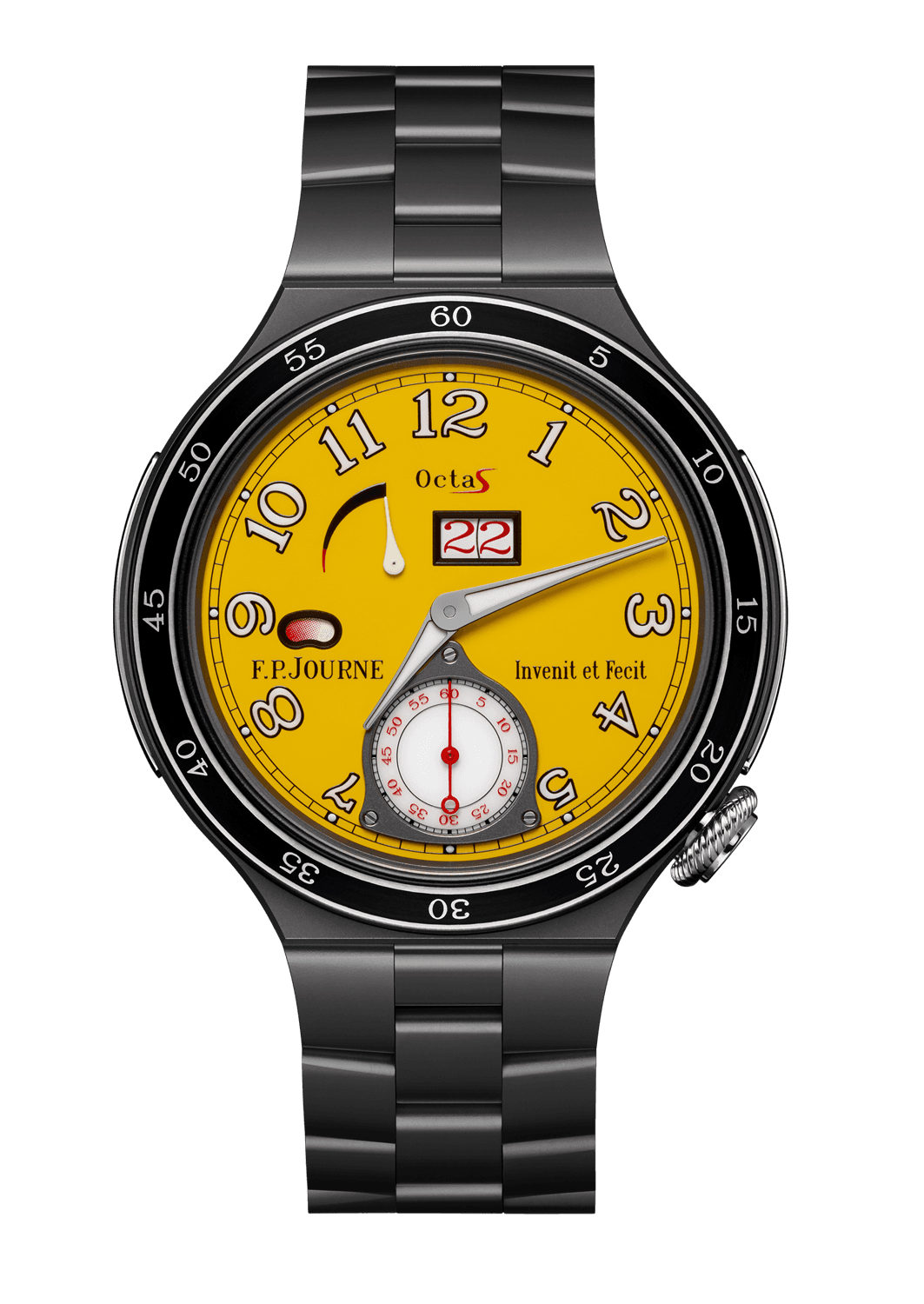 AUTOMATIQUE RÉSERVE — Titanium, 44 mm, Dial: yellow, in Aluminium alloy with applied luminescent indexes and numerals, seconds counter in white sapphire, Hands: big luminescent hands in Steel, small hands in ivory color Steel and red lacquered Titanium, Height: 11 mm