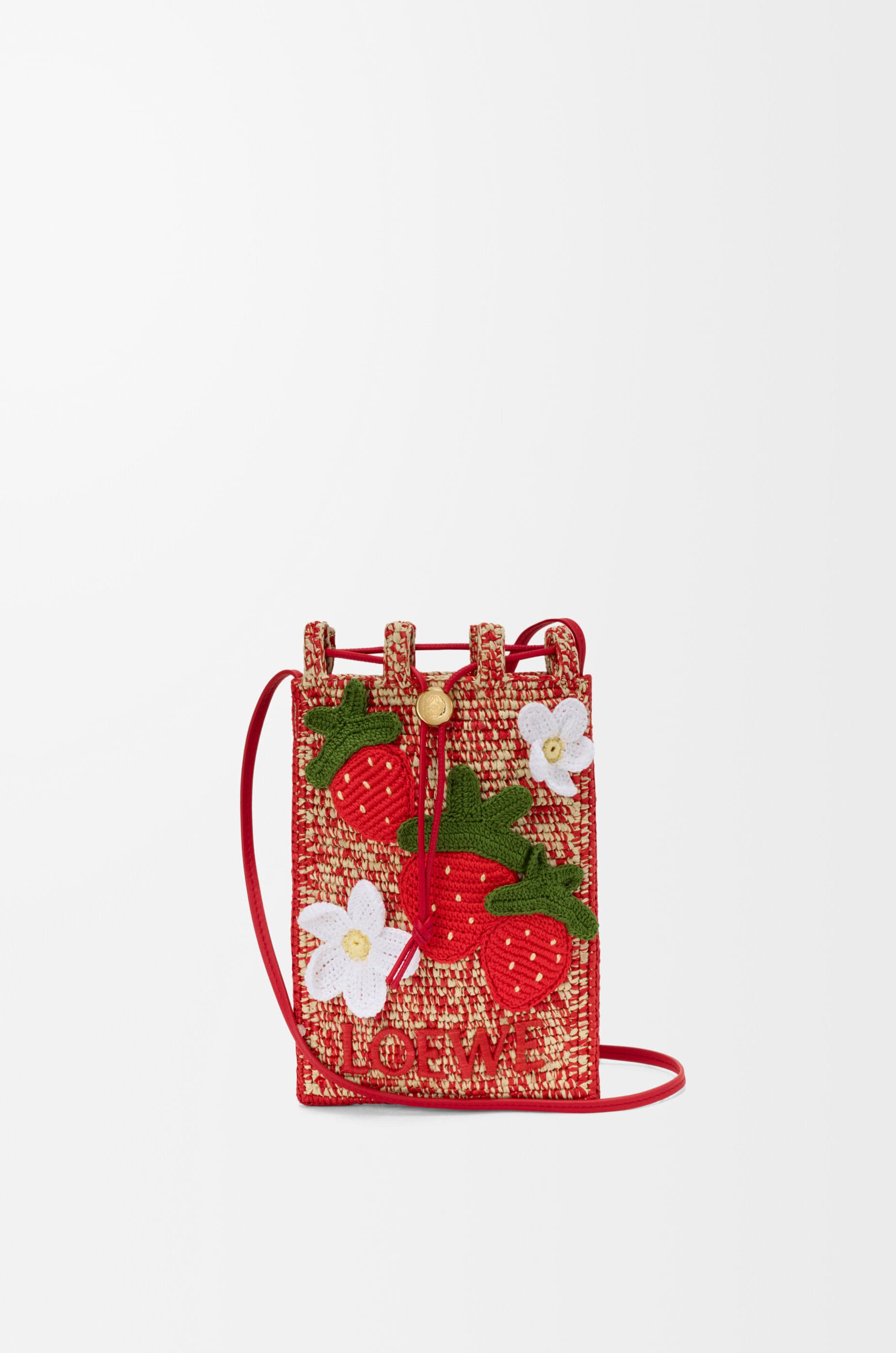 Strawberry drawstring pocket in classic calfskin and raffia — C630PHPX08-0524