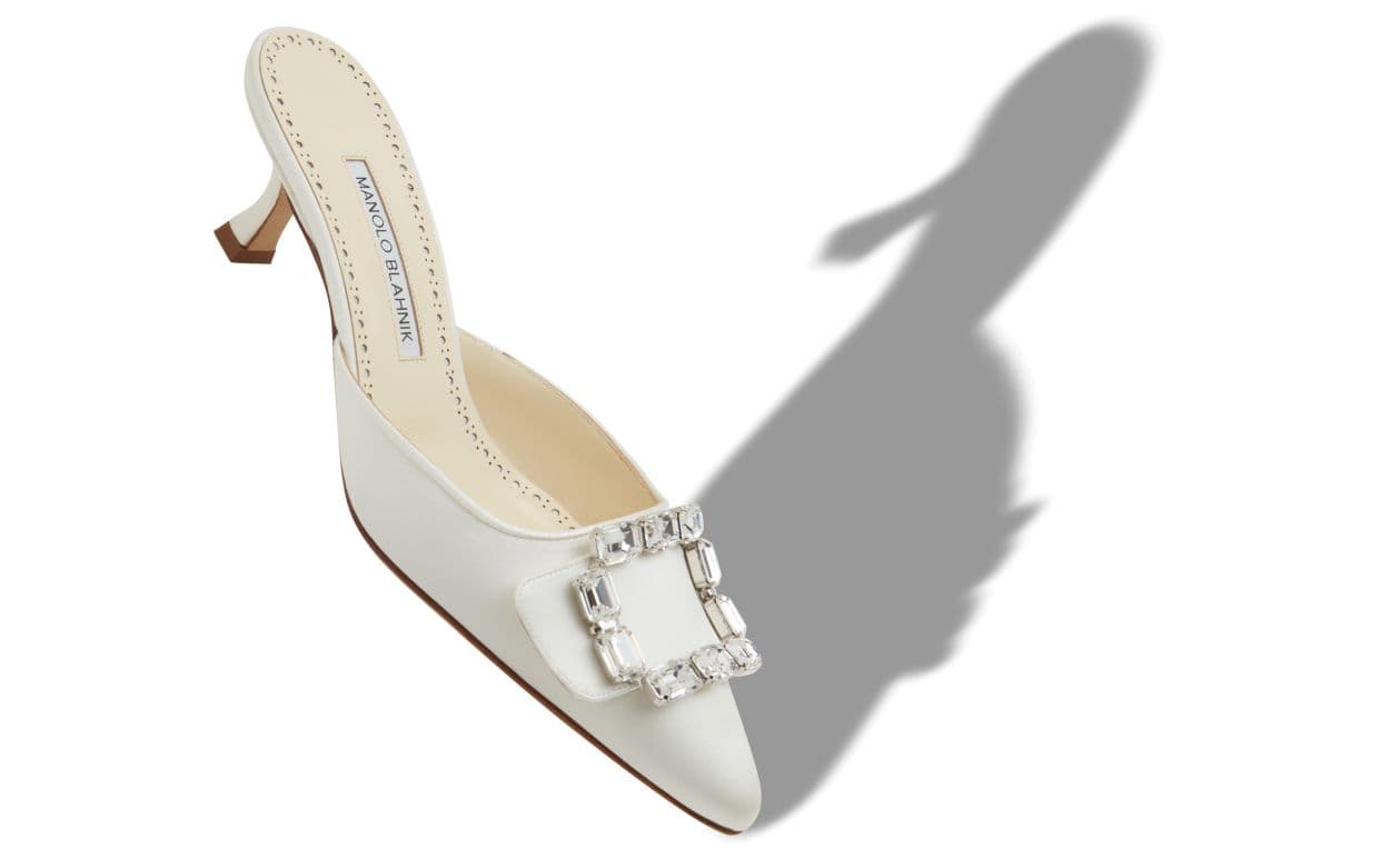 Mayjou — Cream Satin Crystal Buckle Mules — 425-2232-0001