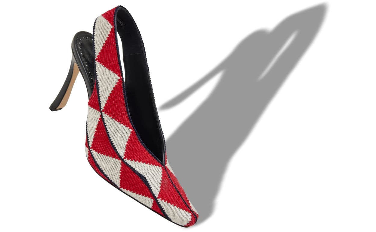 Akar — Red and White Cotton V-Neck Slingback Pumps — 226-2038-0001