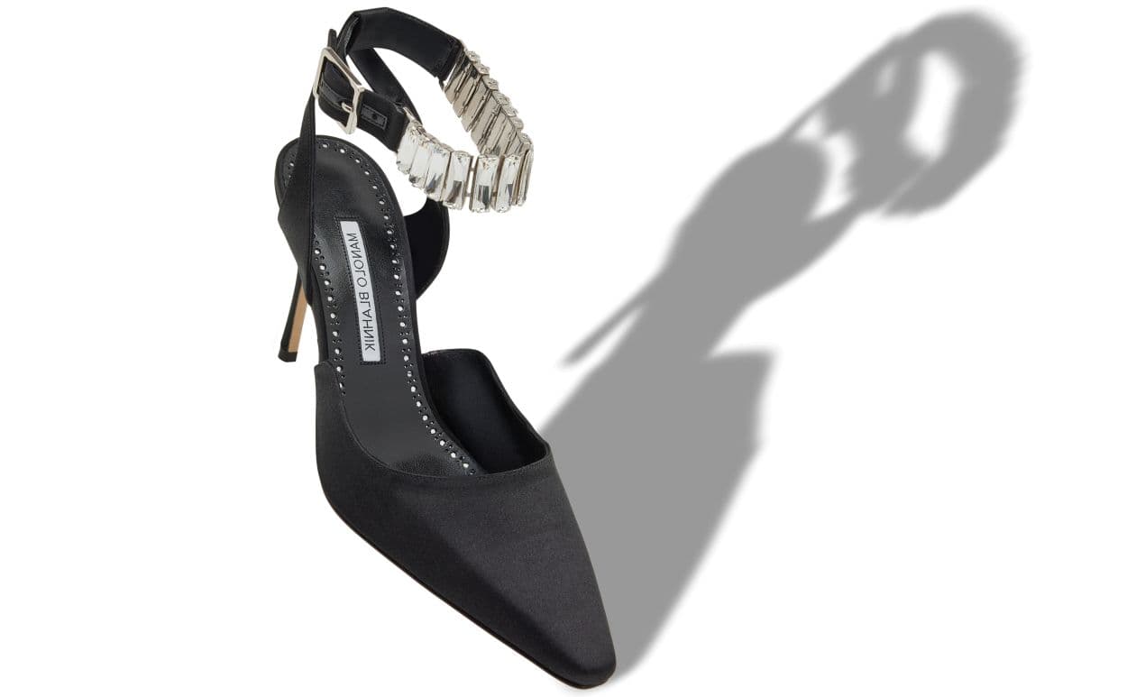 Bayon — Black Satin Crystal Embellished Ankle Strap Pumps — 226-2047-0001