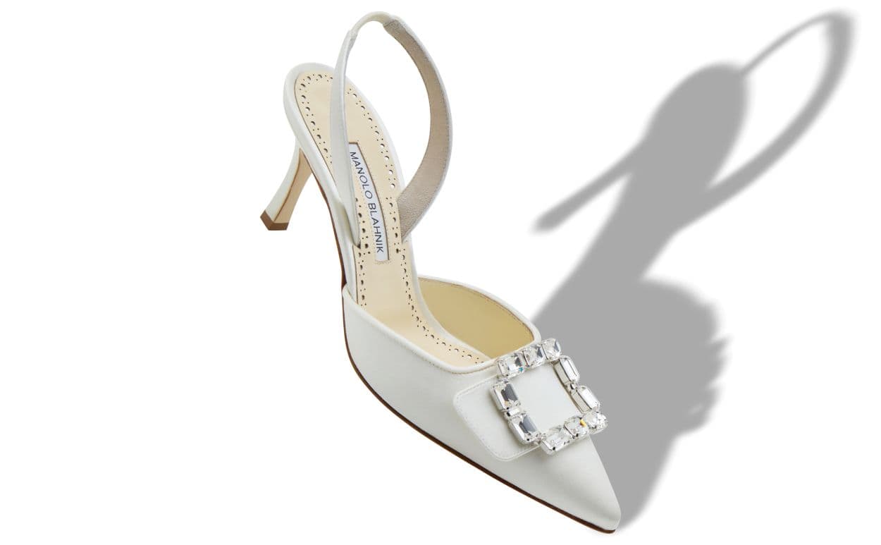 Mayjousli — Cream Satin Crystal Buckle Slingback Pumps — 126-3183-0005