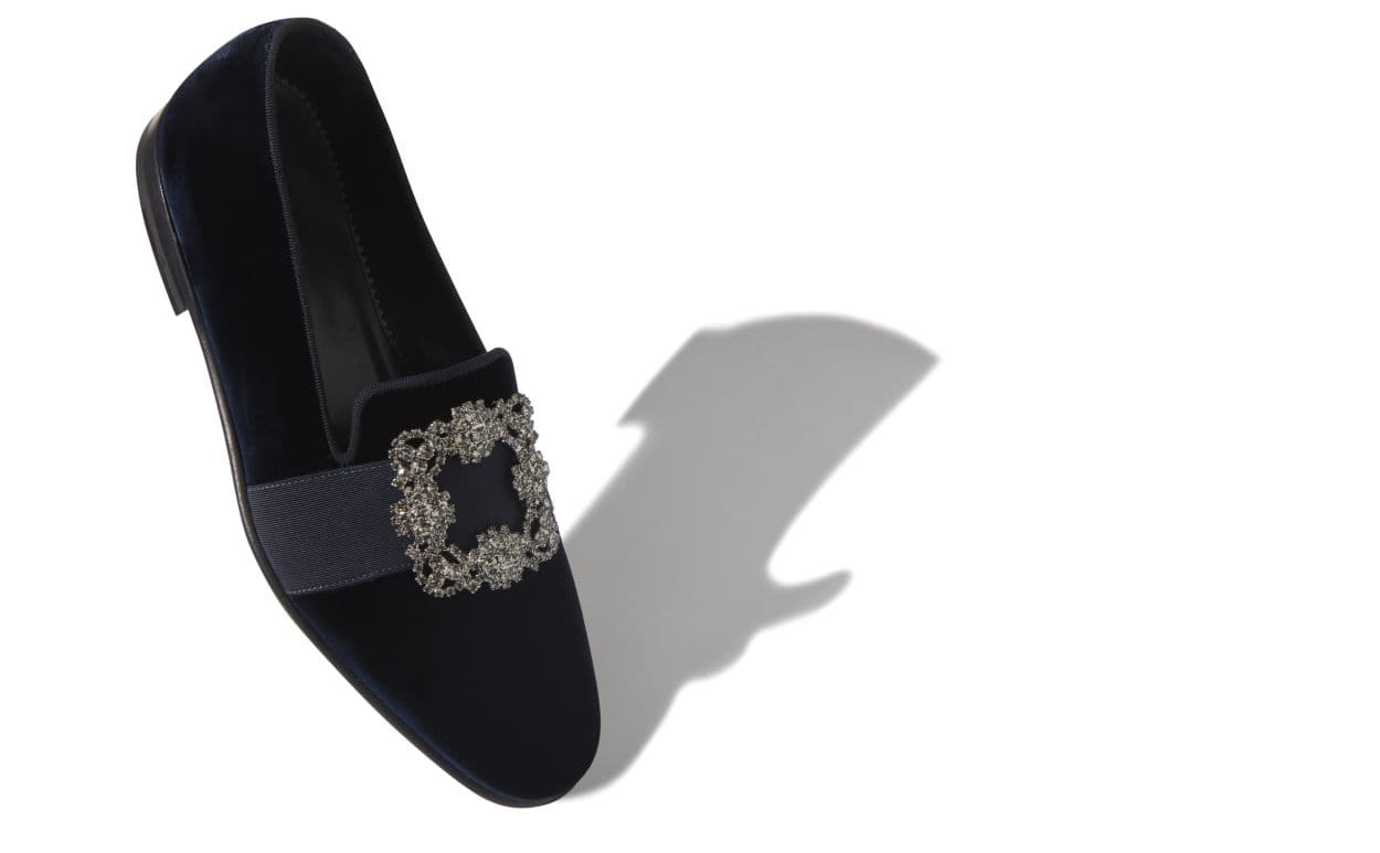 Carlton — Navy Blue Velvet Jewelled Buckle Loafers — 119-0658-0002