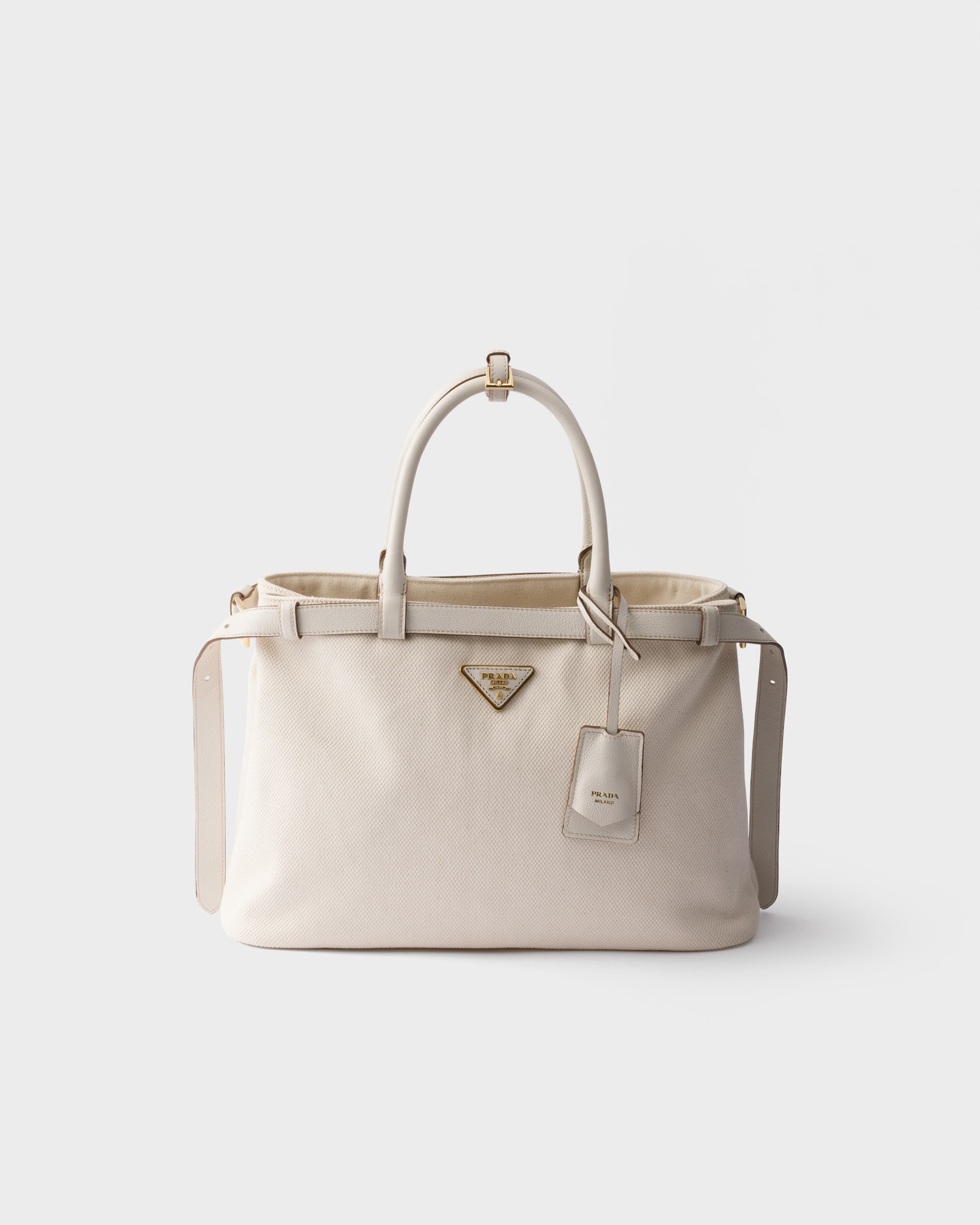 Buckle medium cotton canvas and leather bag — White — 1BA417_2FPV_F0009_V_OYM