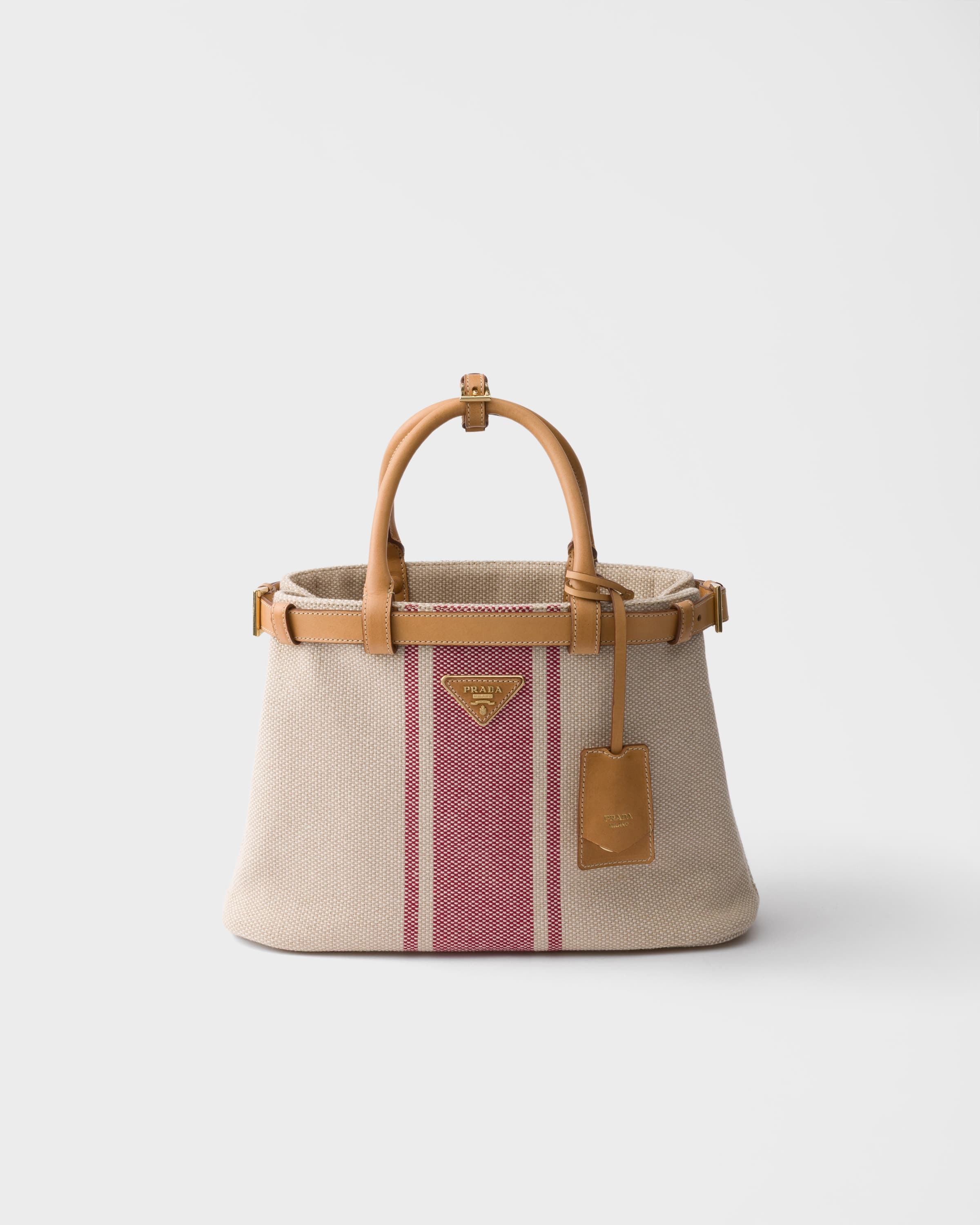 Buckle small canvas and leather bag — Tan/Red — 1BA434_2ZPW_F0B67_V_OYM