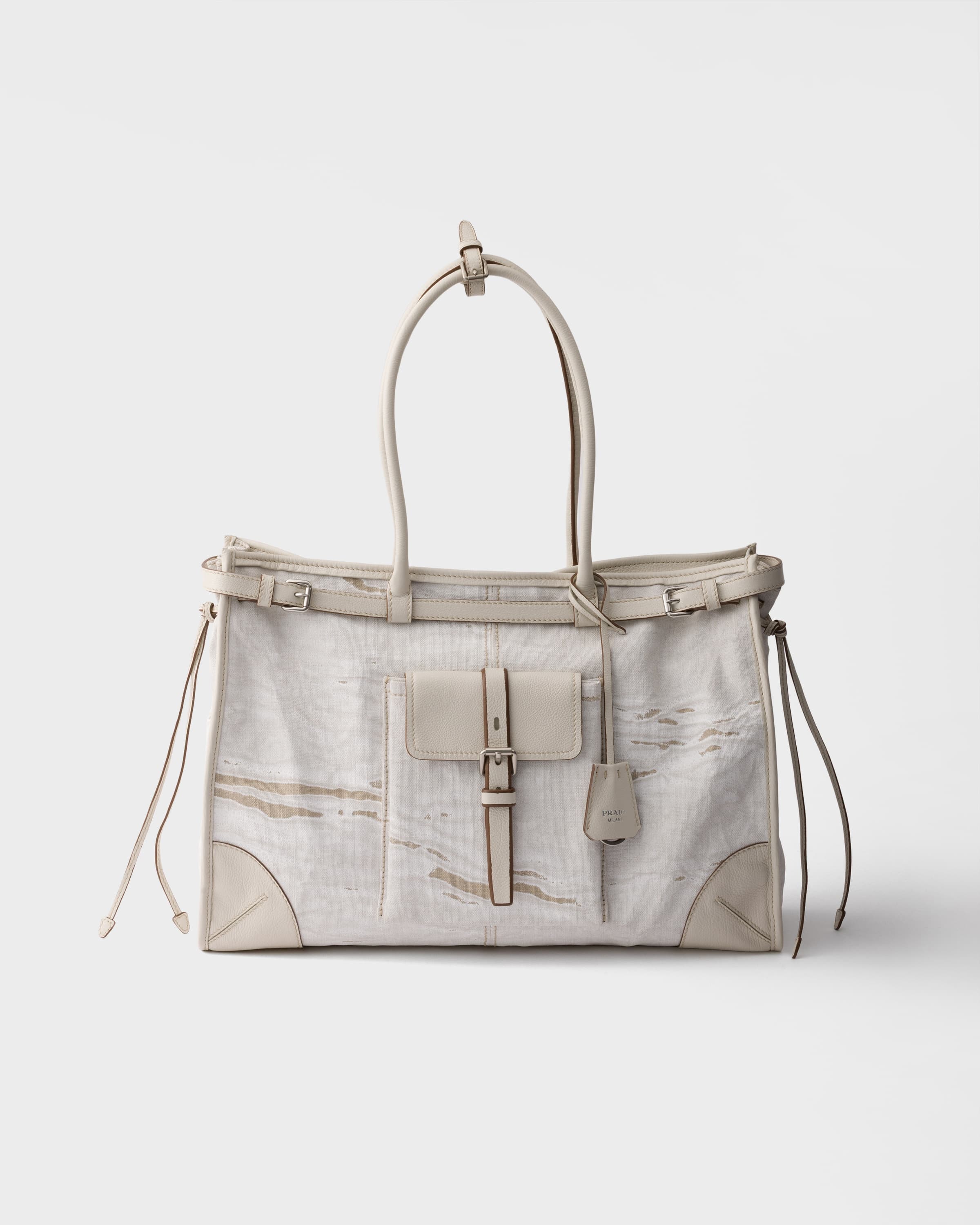 Bonnie extra-large printed linen and leather tote bag — White — 1BA439_2FPT_F0009_V_OTM