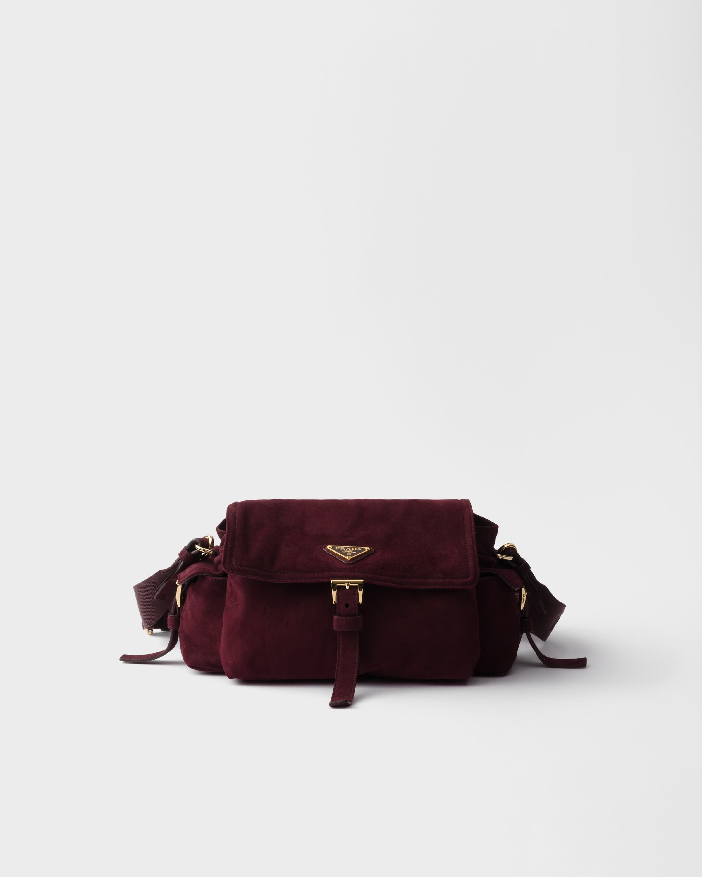 Explore medium suede shoulder bag with flap — Burgundy — 1BD394_008_F0007_V_NOO