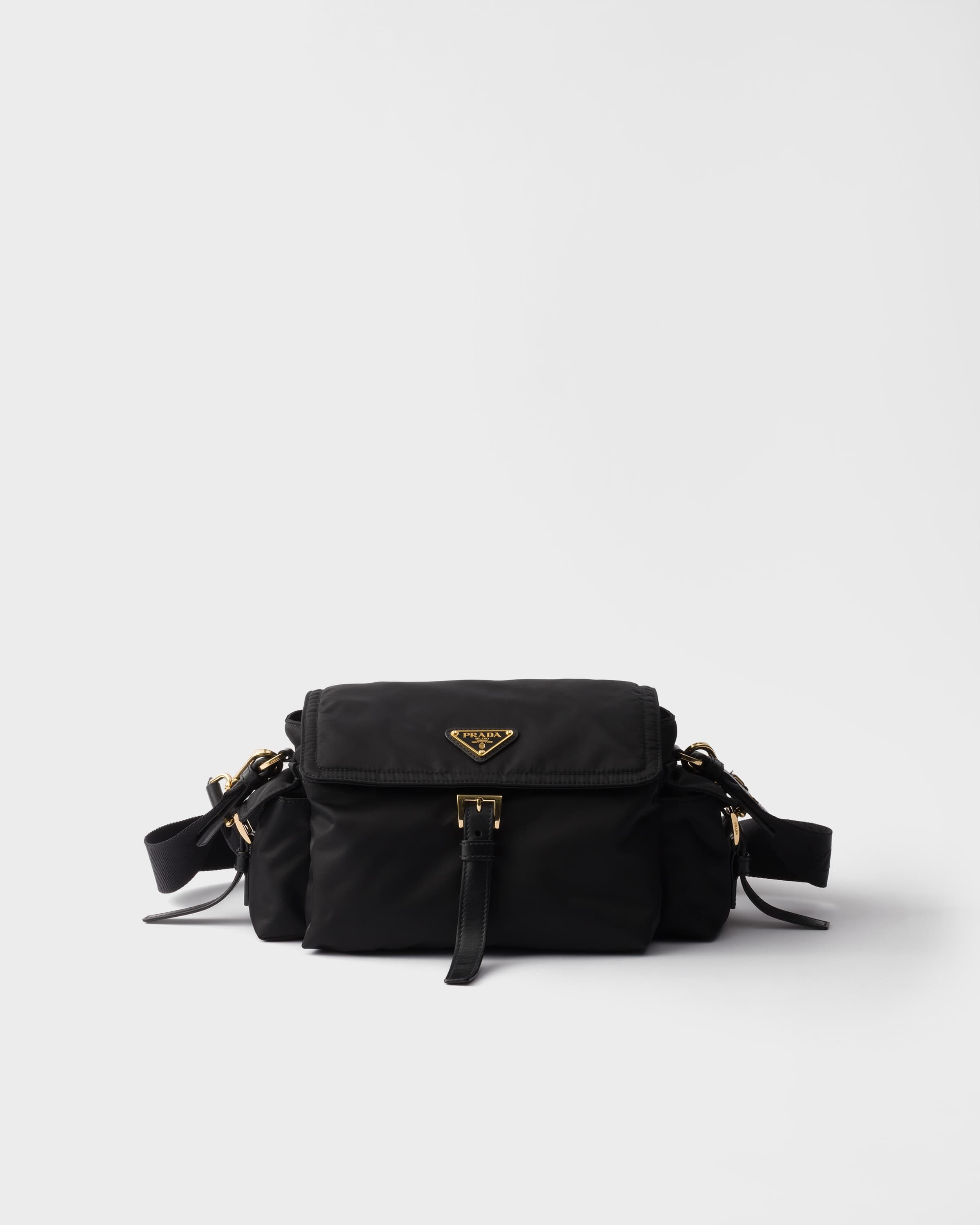 Explore medium Re-Nylon shoulder bag with flap — Black — 1BD394_RDLN_F0002_V_NOO