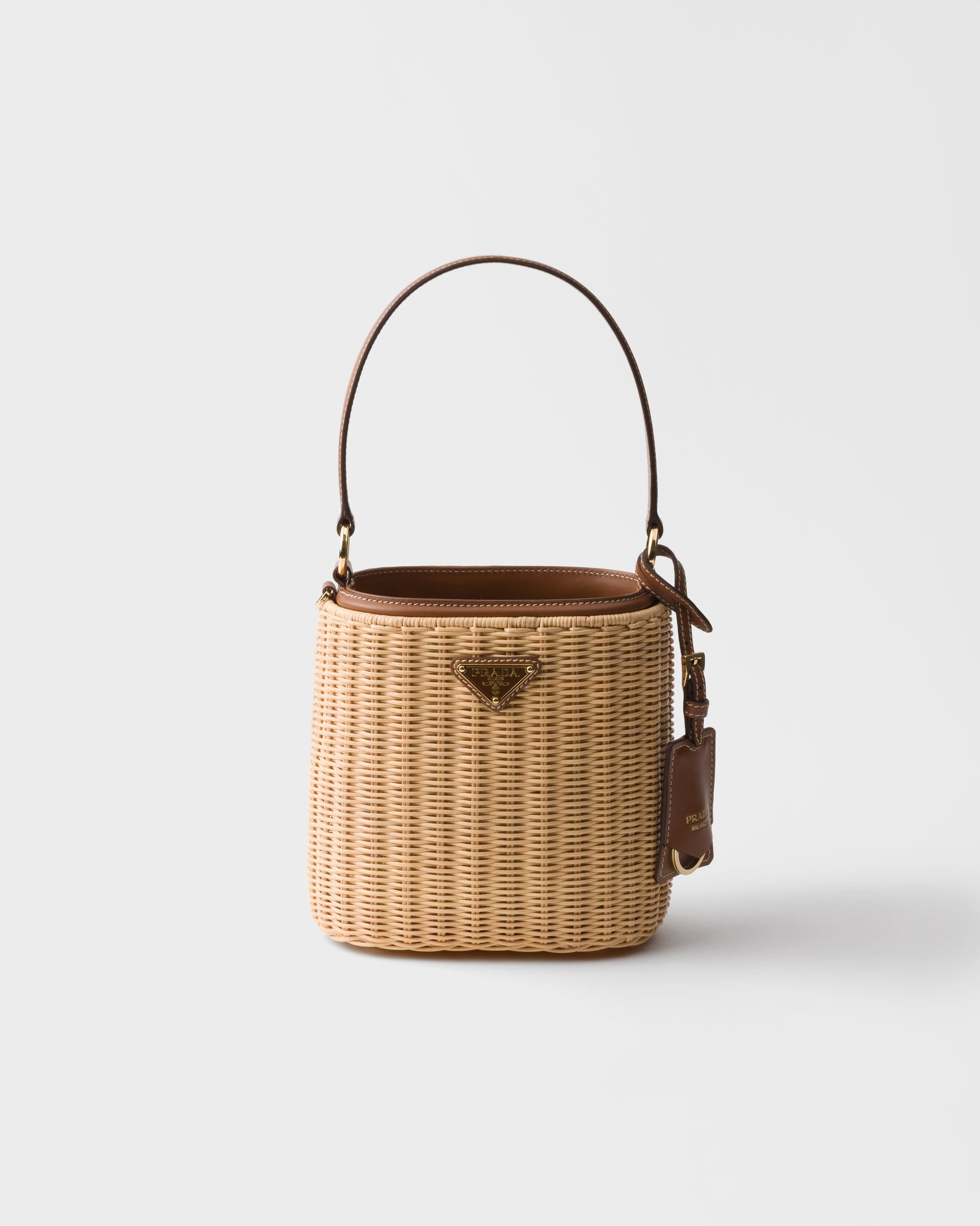Wicker and leather bucket bag — Beige/Cognac — 1BE062_2CYF_F0A5T_V_OOM