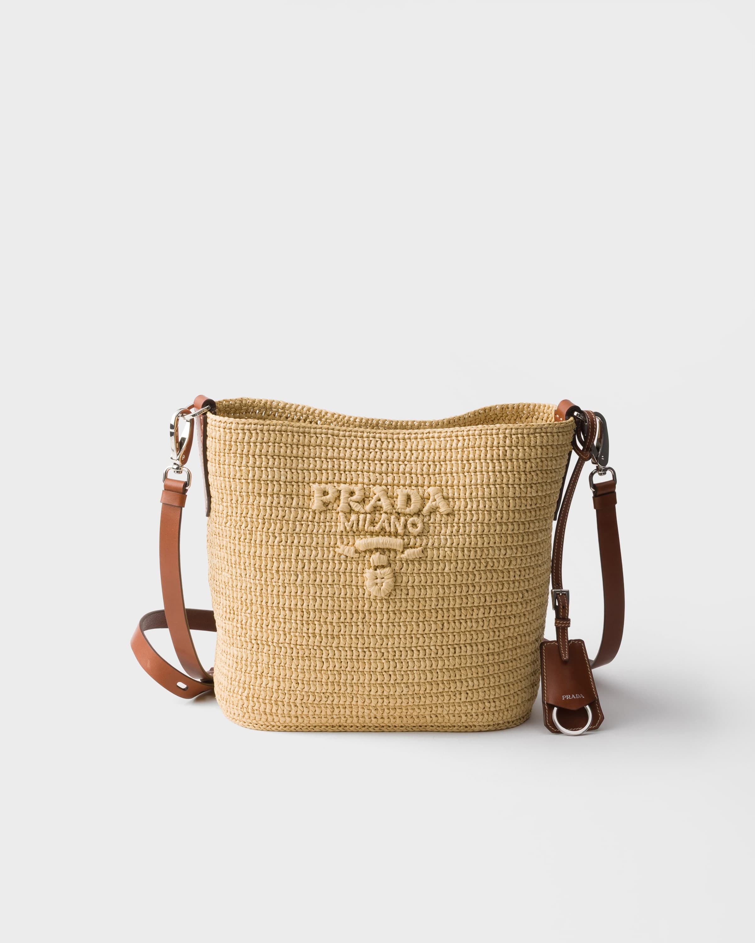 Small crochet and leather bucket bag — Beige/Brandy — 1BE105_2M2Q_F062F_V_OUO