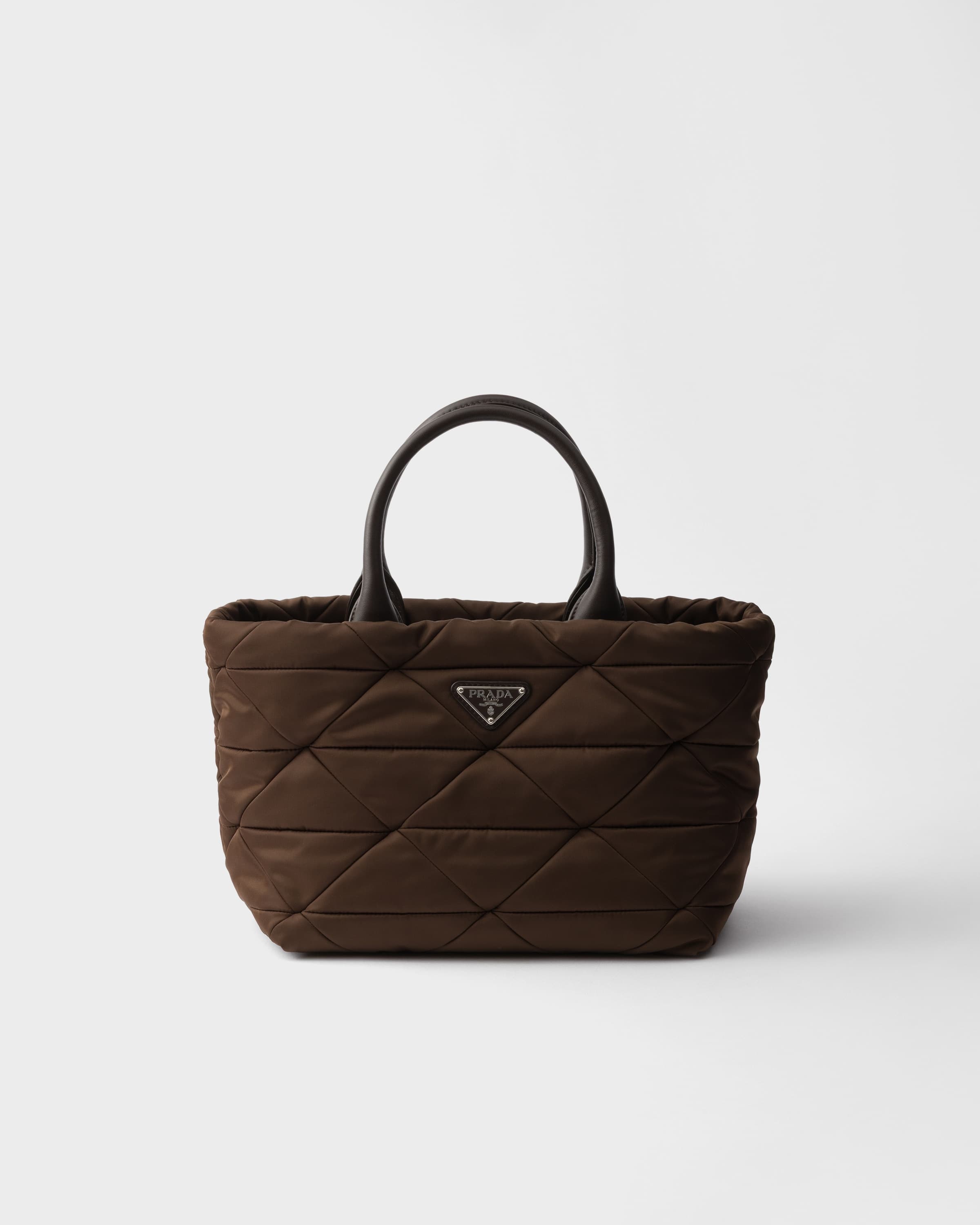 Medium padded Re-Nylon and leather tote bag — Sienna — 1BG436_RDJN_F0038_V_B9M