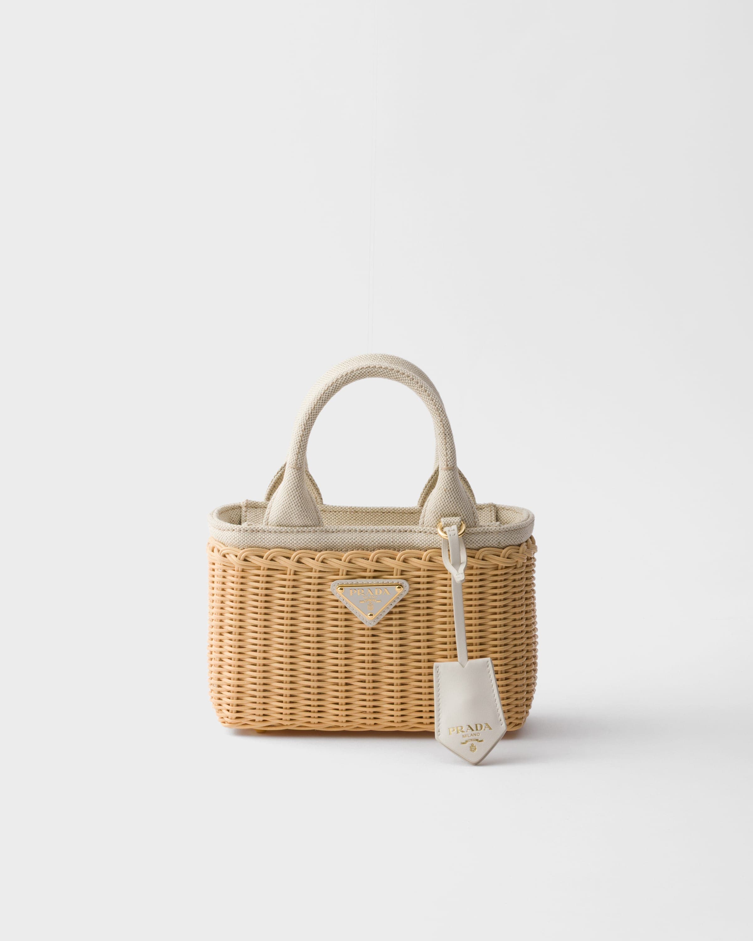 Mini wicker and linen blend tote bag — Tan/White — 1BG469_2CYG_F0N86_V_7VO