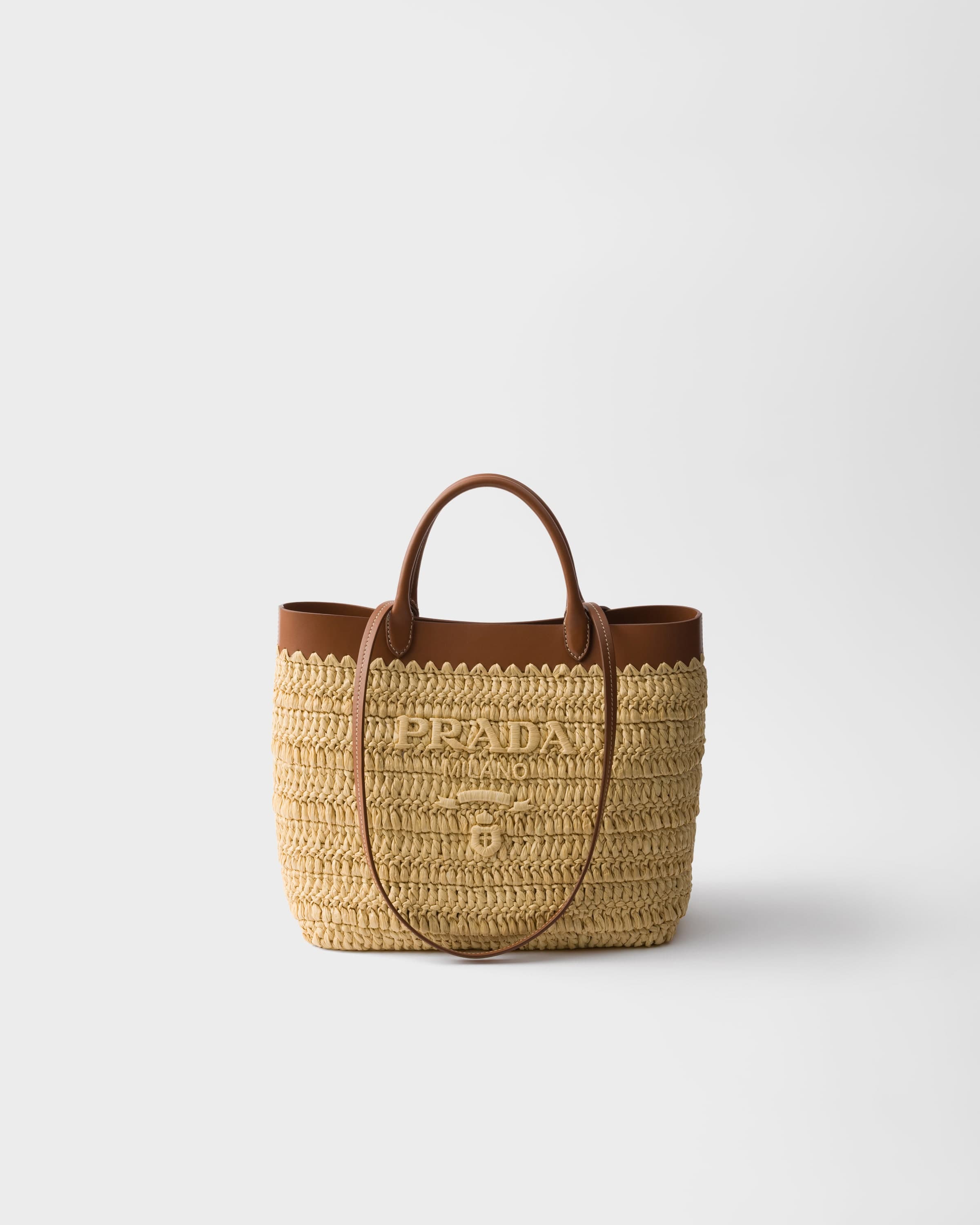 Small crochet and leather tote bag — Natural/Cognac — 1BG500_2M2Q_F02S9_V_GOO