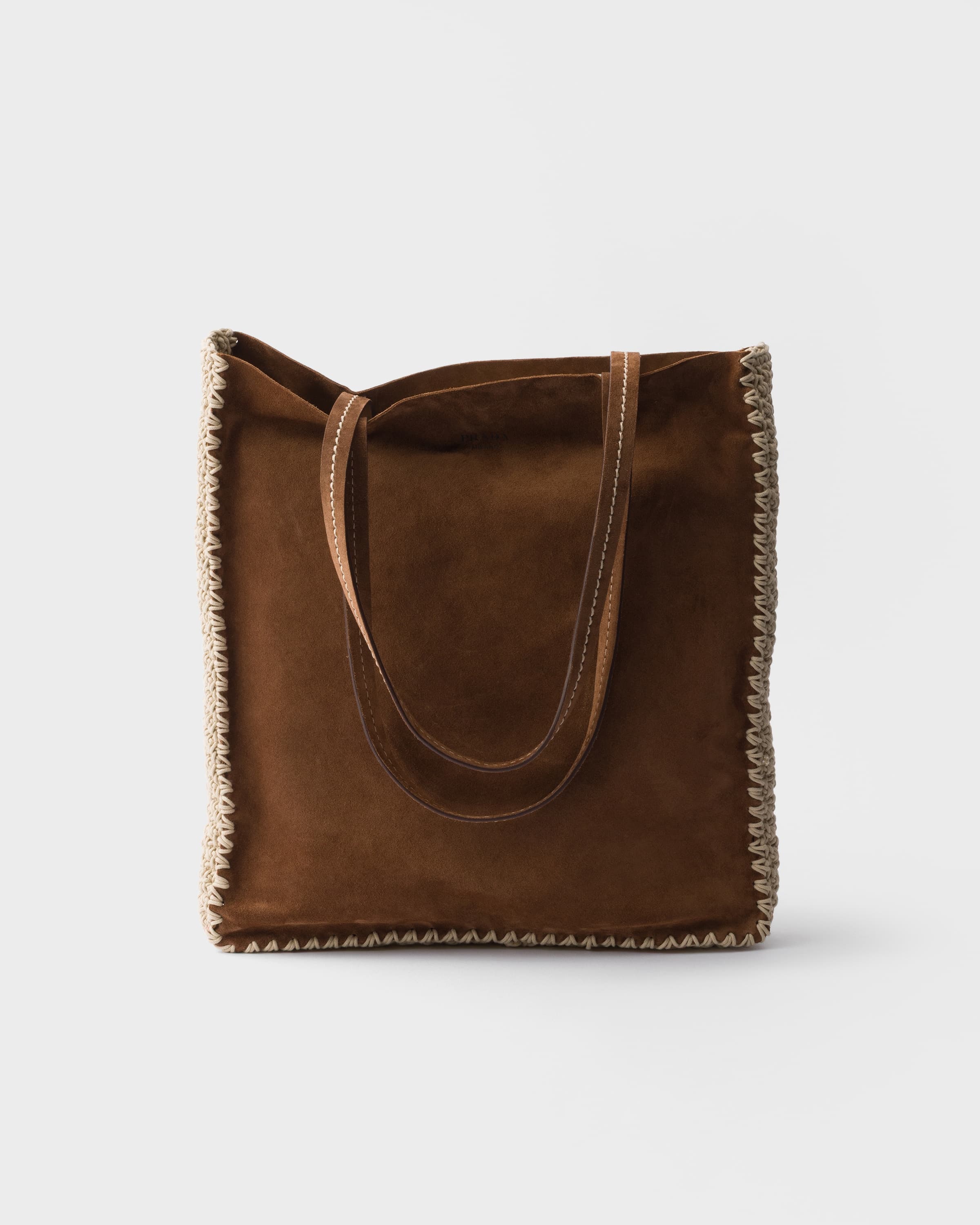 Large suede and crochet tote bag — Cocoa Brown — 1BG658_2FP1_F0324_V_OOO