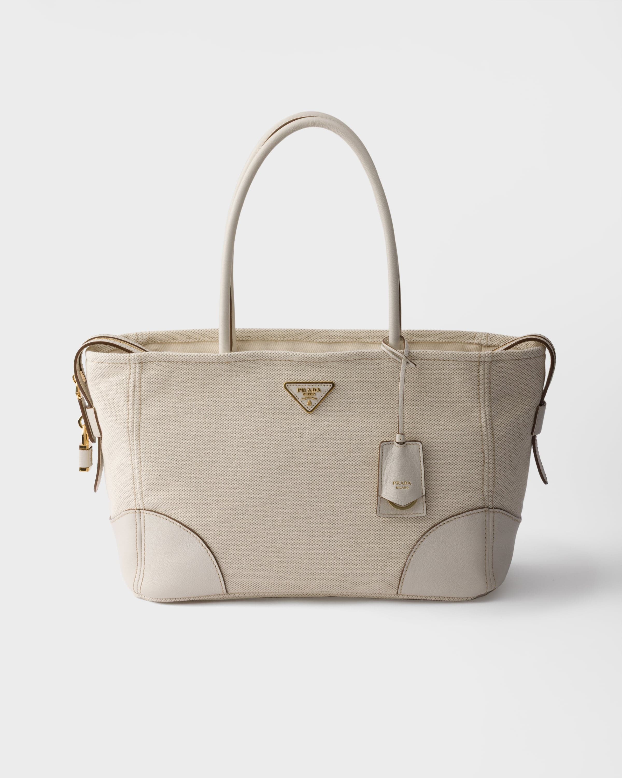 Large linen blend and leather tote bag — Tan/Chalk White — 1BG659_2DLI_F0N67_V_OOO