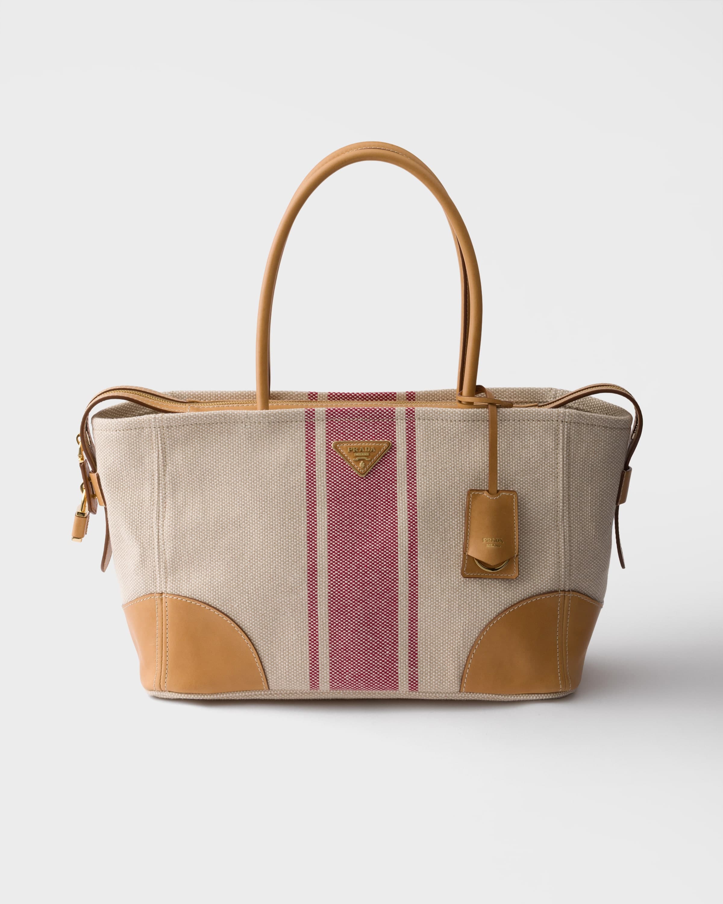 Large canvas and leather tote bag — Tan/Red — 1BG659_2ZPW_F0B67_V_OOO