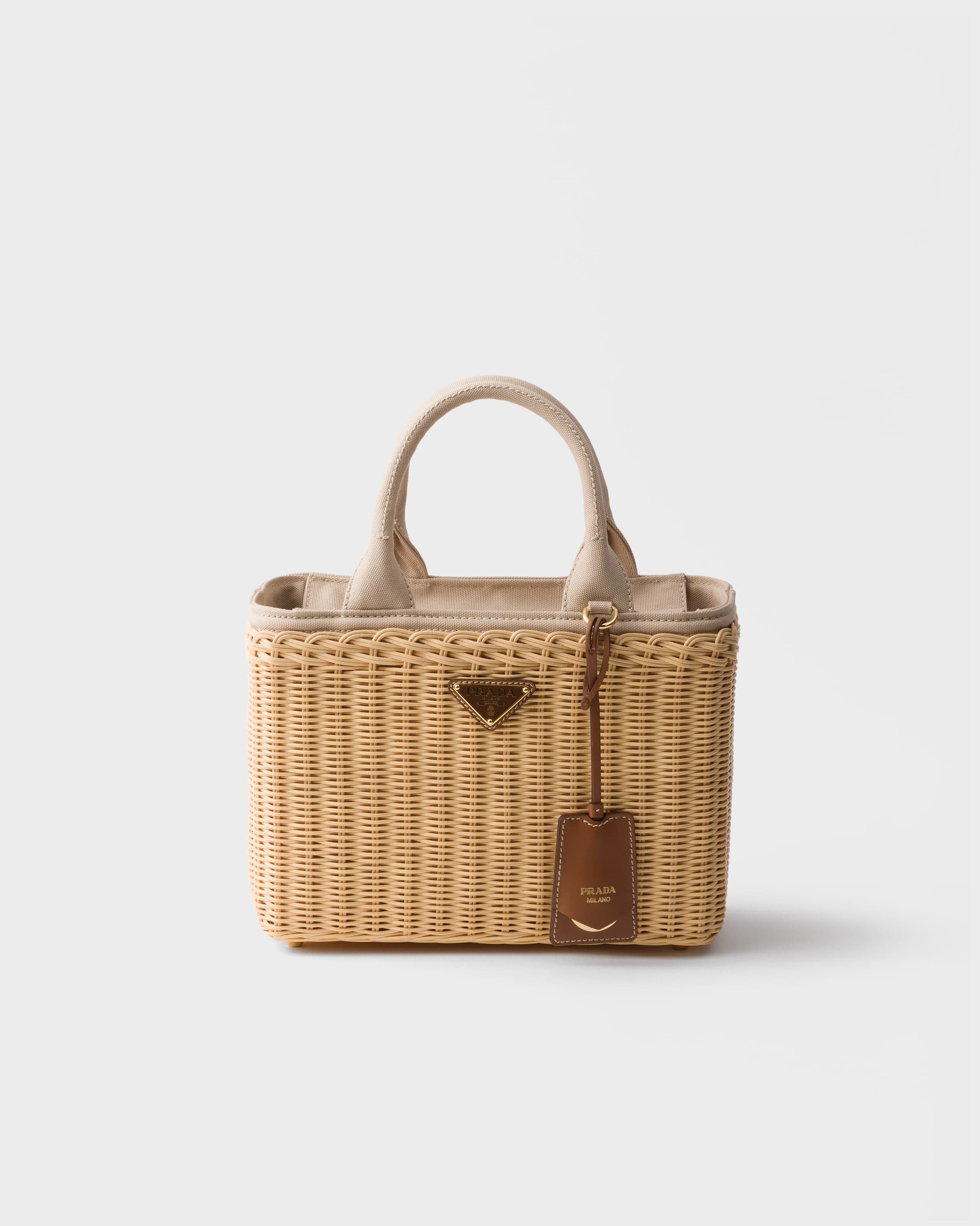Medium wicker and canvas tote bag — Tan — 1BG835_RE28_F05IG_V_7VX