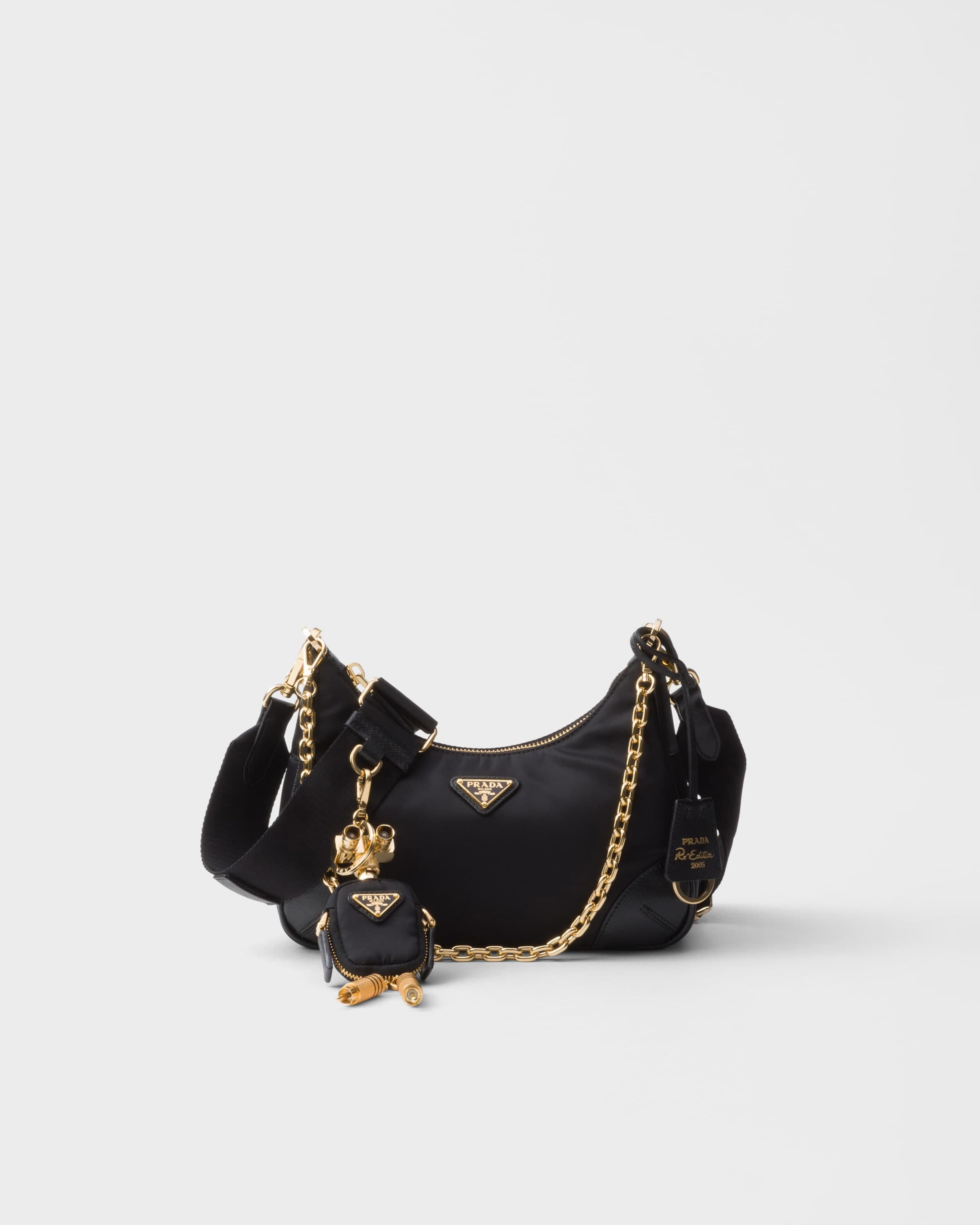 Re-Edition 2005 Re-Nylon and Saffiano leather bag with charm — Black — 1BH204_R064_F0002_V_WRA