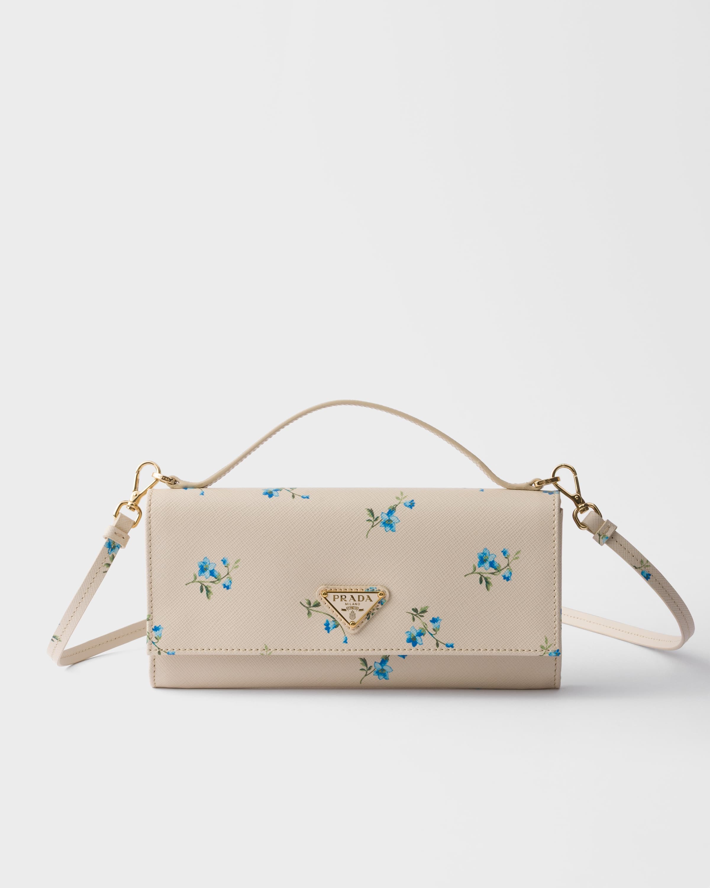 Printed Saffiano leather wallet with shoulder strap — Natural — 1MT042_2ZQ9_F0018