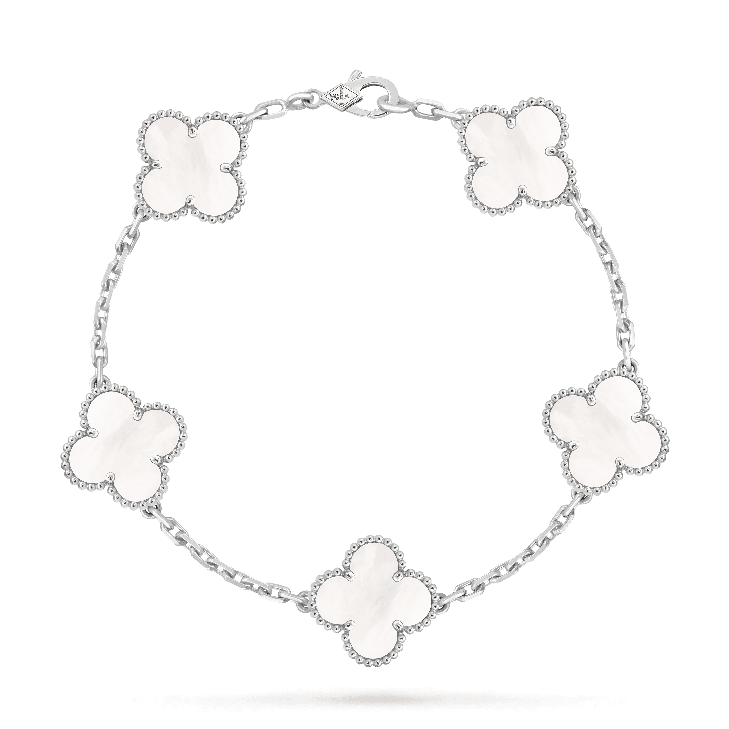 Vintage Alhambra bracelet, 5 motifs — white mother-of-pearl, white gold — VCARF48400