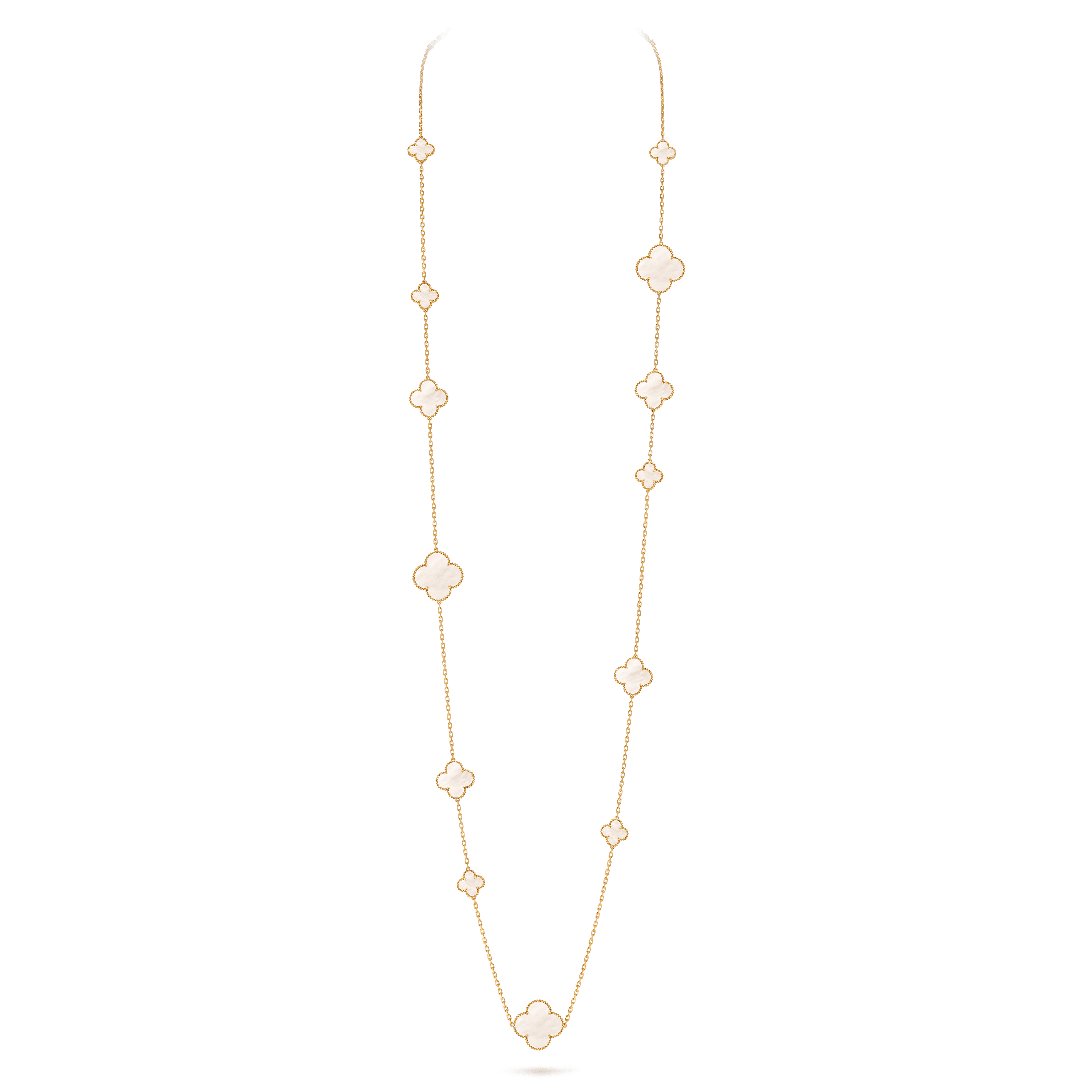 Magic Alhambra long necklace, 16 motifs — white mother-of-pearl, yellow gold — VCARD79300