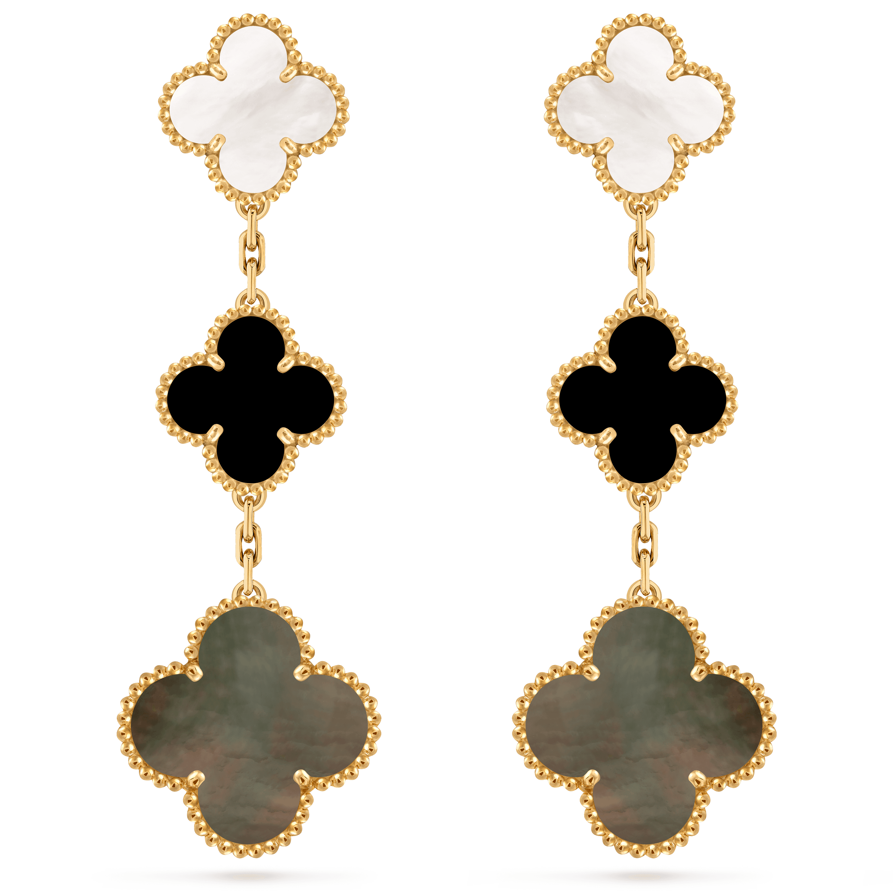 Magic Alhambra earrings, 3 motifs — gray mother-of-pearl, yellow gold — VCARD79000