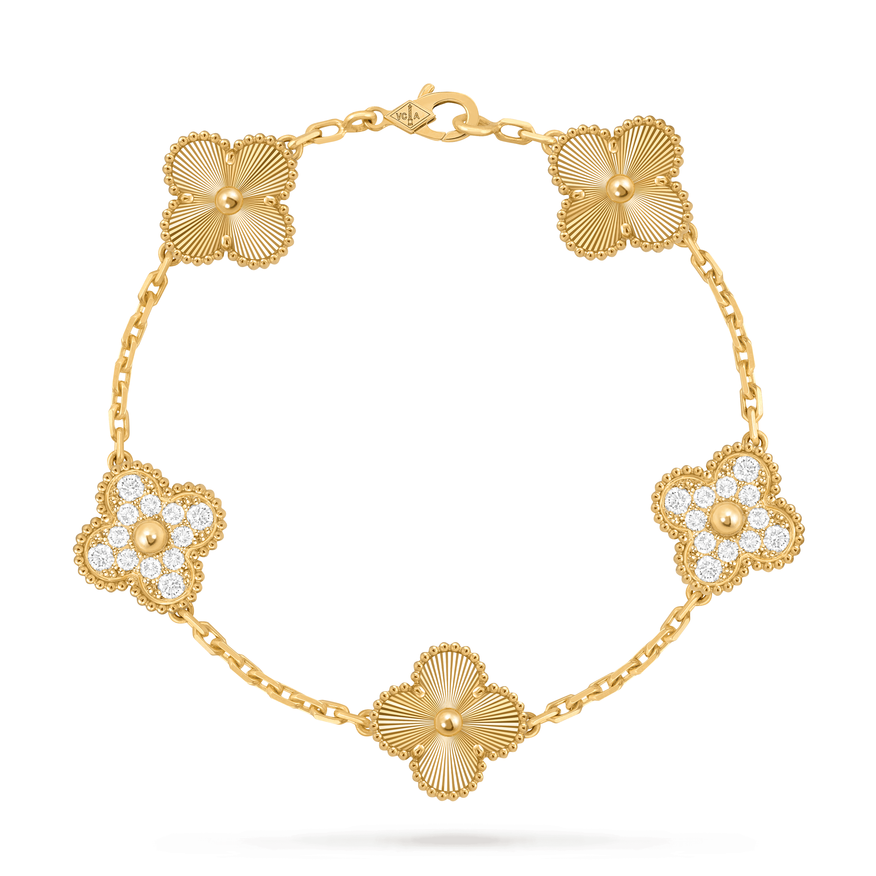 Vintage Alhambra bracelet, 5 motifs — guilloché, yellow gold — VCARP4KN00