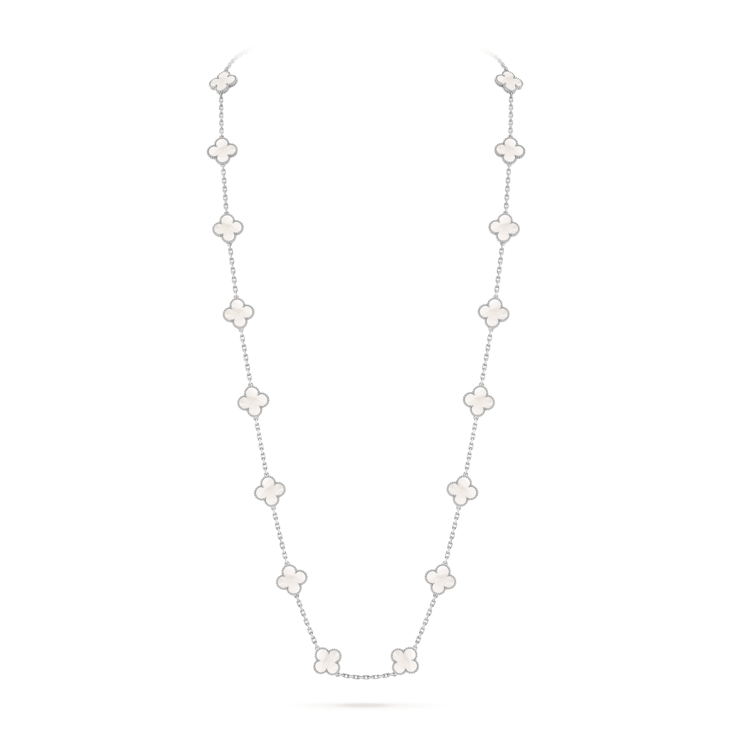 Vintage Alhambra long necklace, 20 motifs — white mother-of-pearl, white gold — VCARF48800