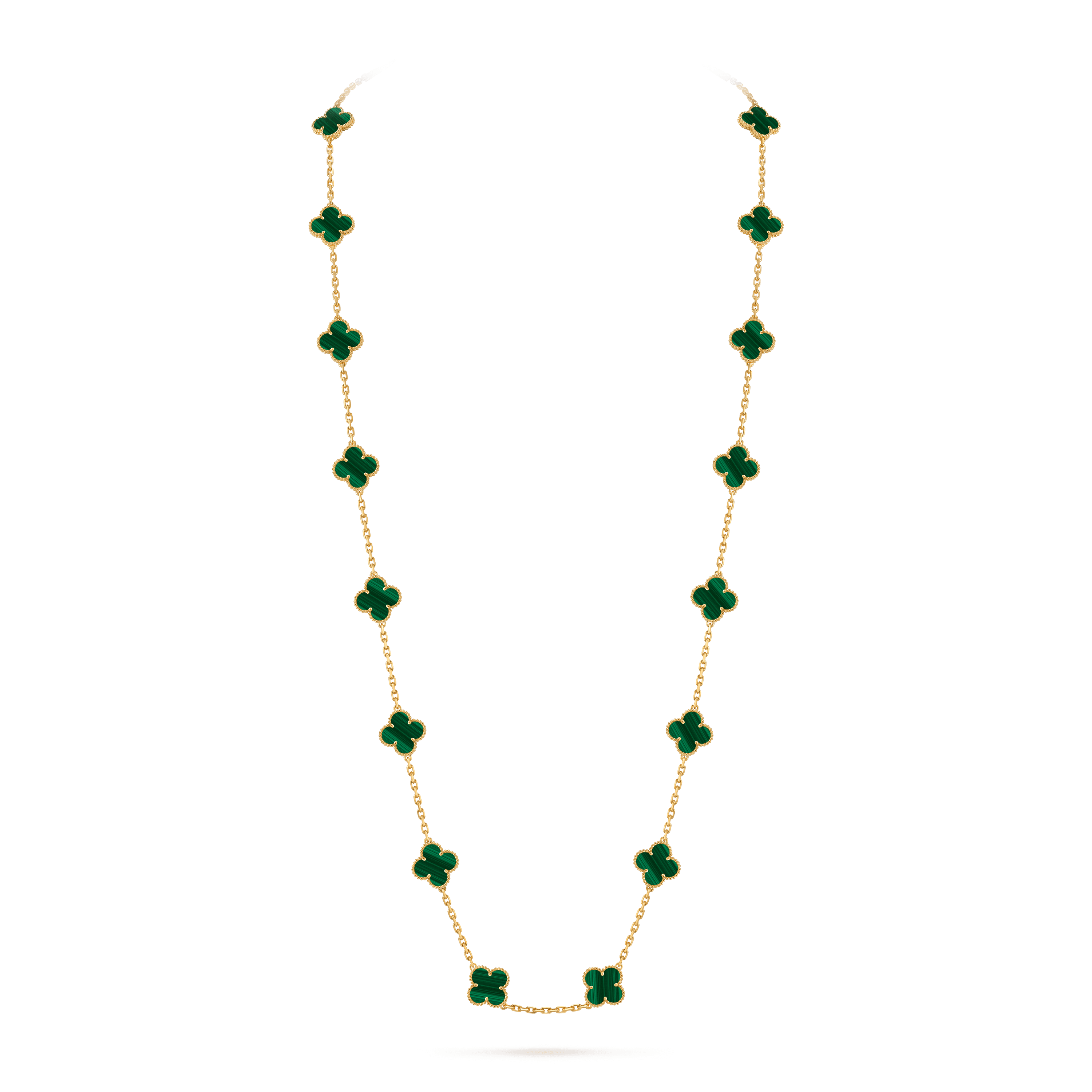 Vintage Alhambra long necklace, 20 motifs — malachite, yellow gold — VCARL88100