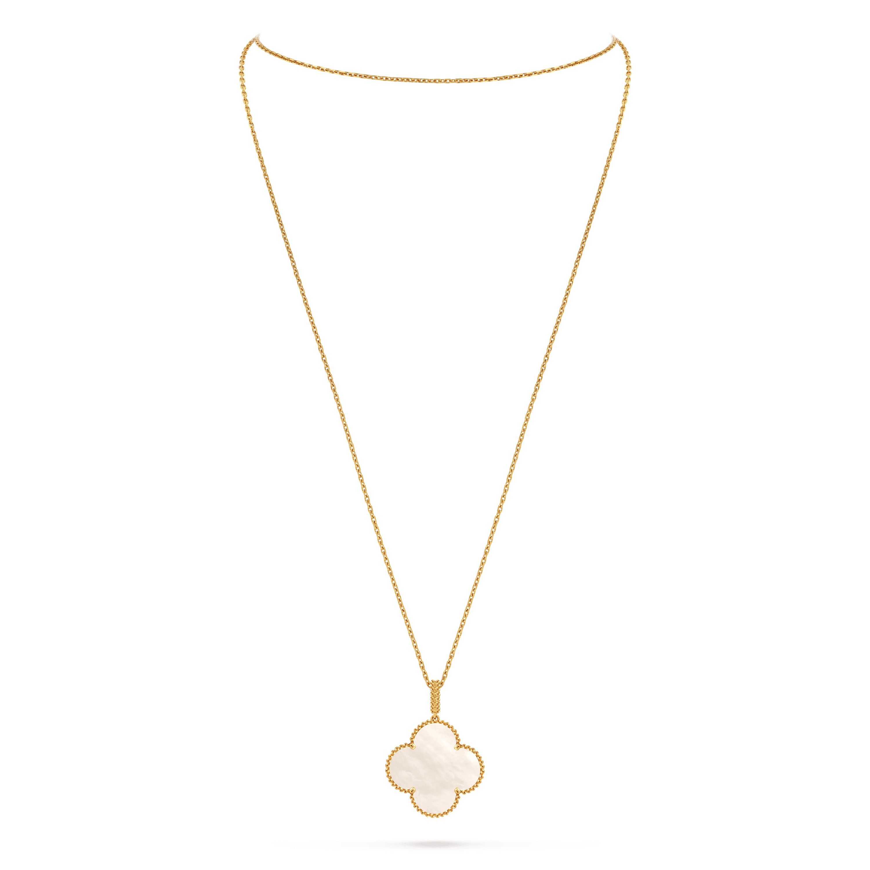 Magic Alhambra long necklace, 1 motif — white mother-of-pearl, yellow gold — VCARO49L00