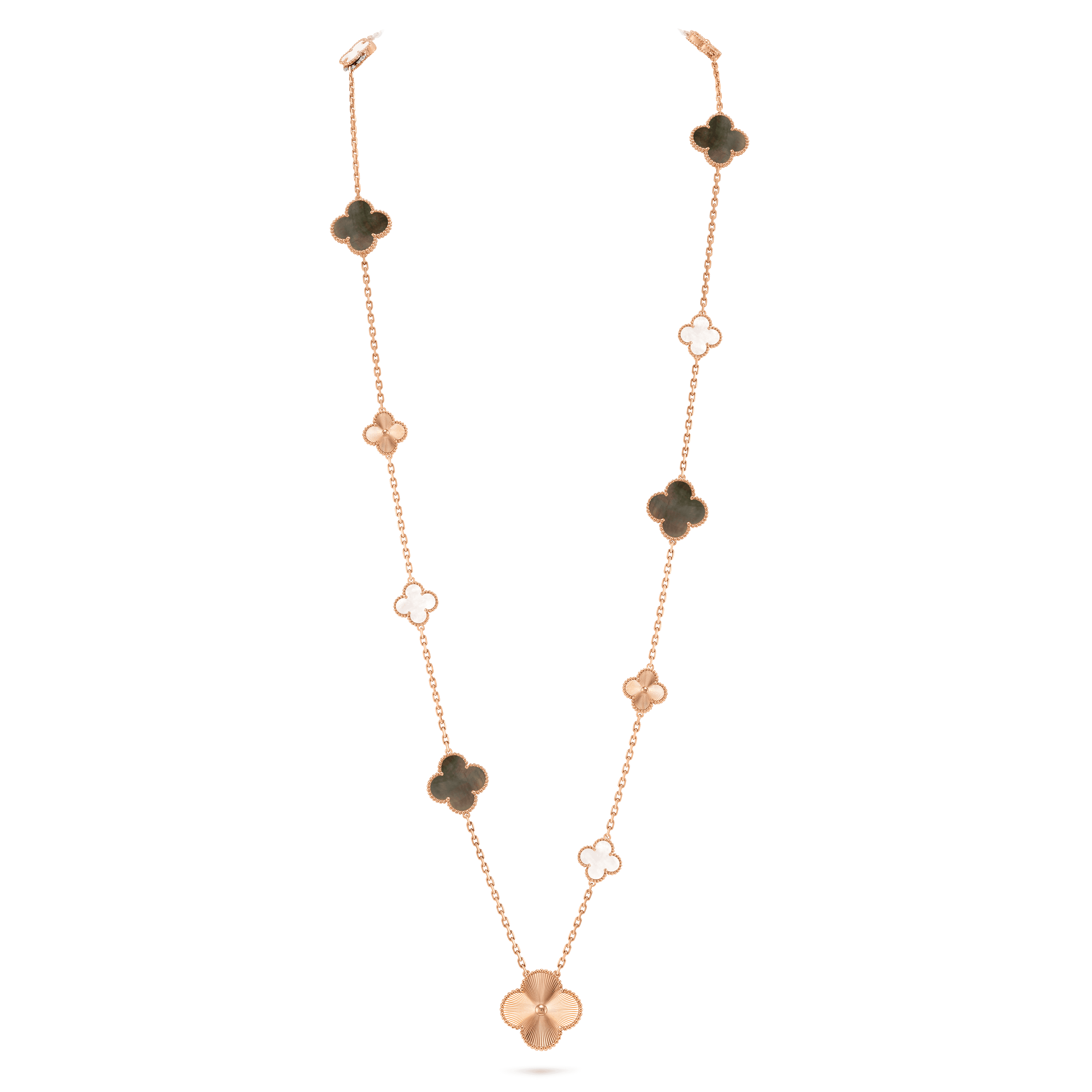 Magic Alhambra transformable long necklace, 15 motifs — guilloché, rose gold — VCARPGV200