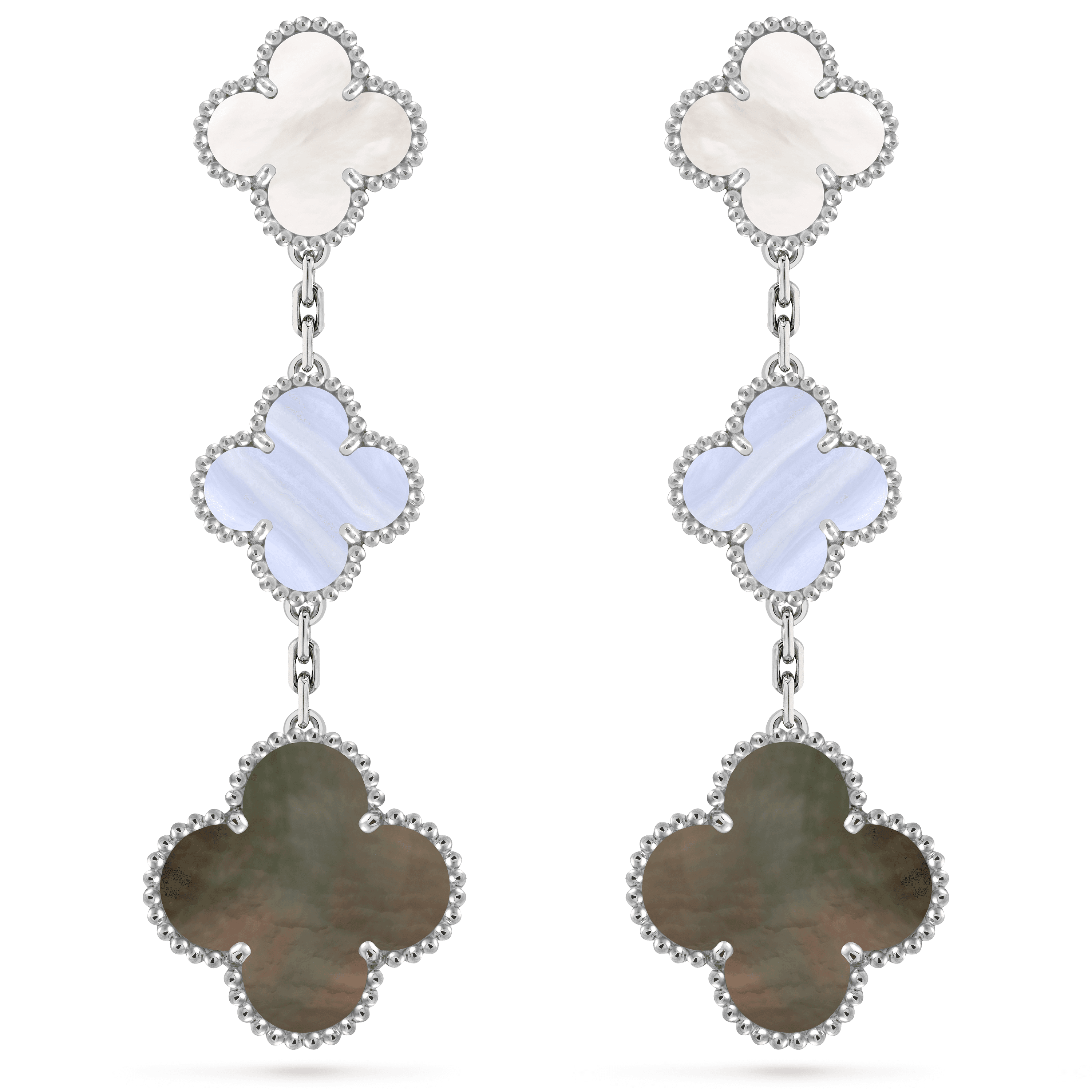 Magic Alhambra earrings, 3 motifs — gray mother-of-pearl, white gold — VCARN18800