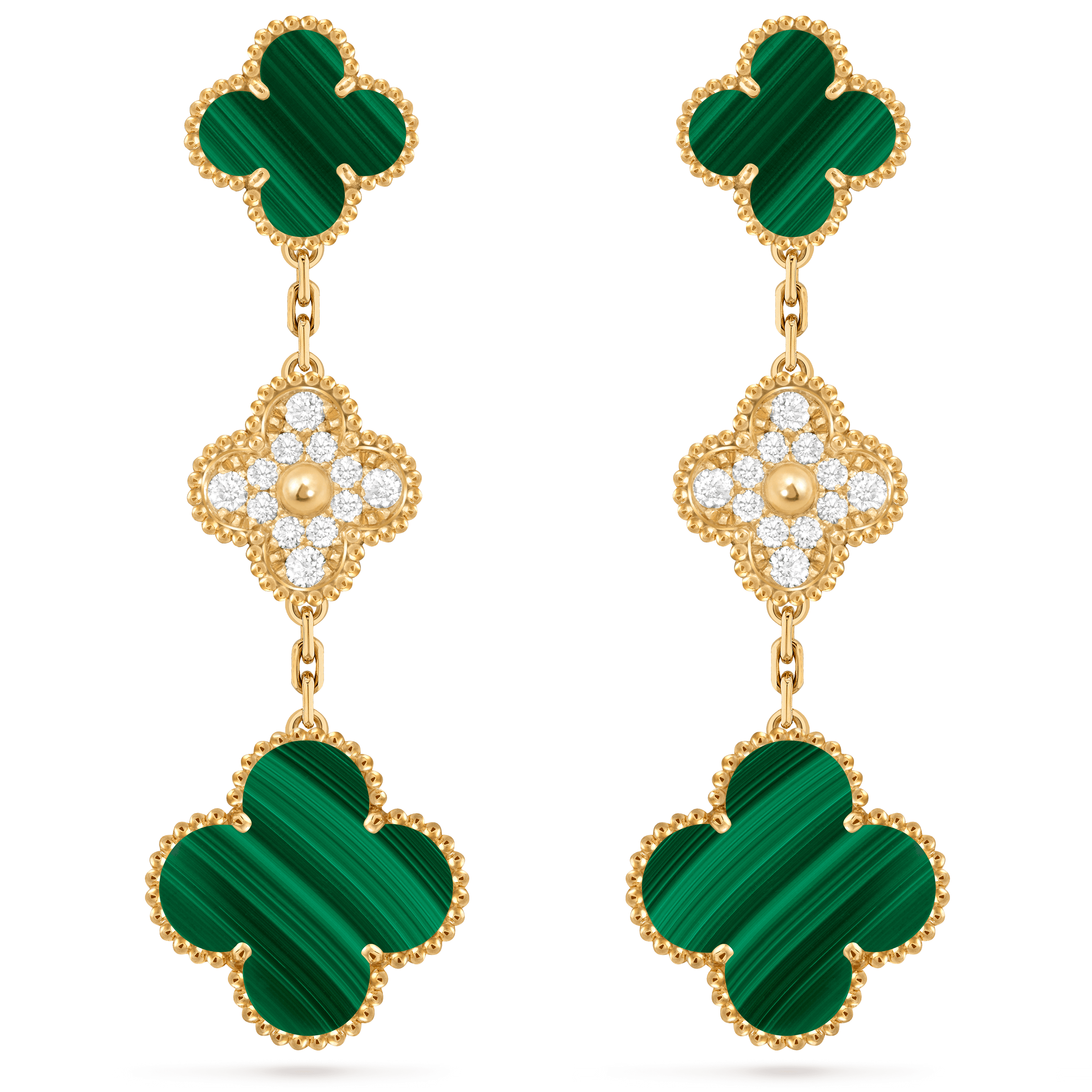 Magic Alhambra earrings, 3 motifs — malachite, yellow gold — VCARO9II00