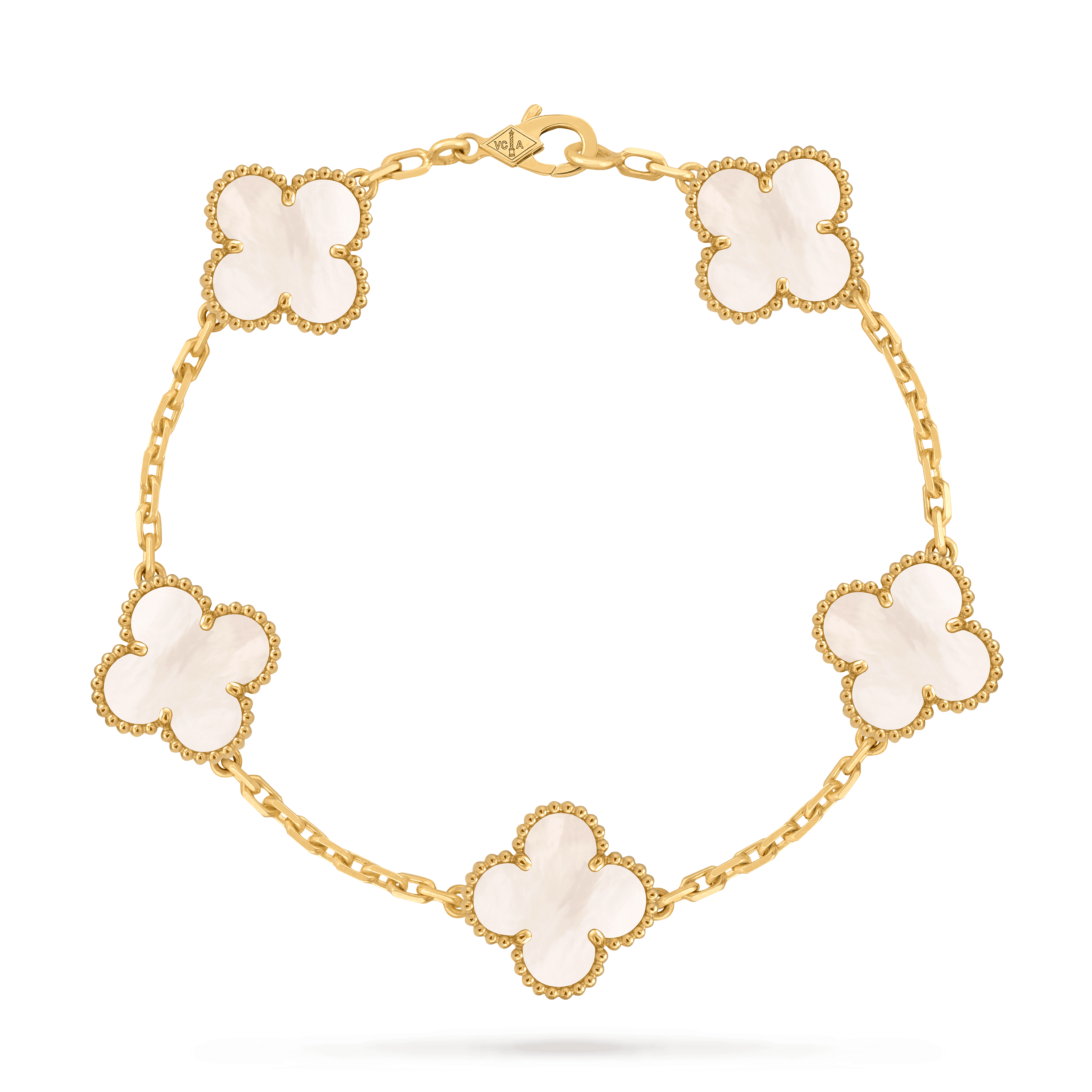 Vintage Alhambra bracelet, 5 motifs — white mother-of-pearl, yellow gold — VCARA41800