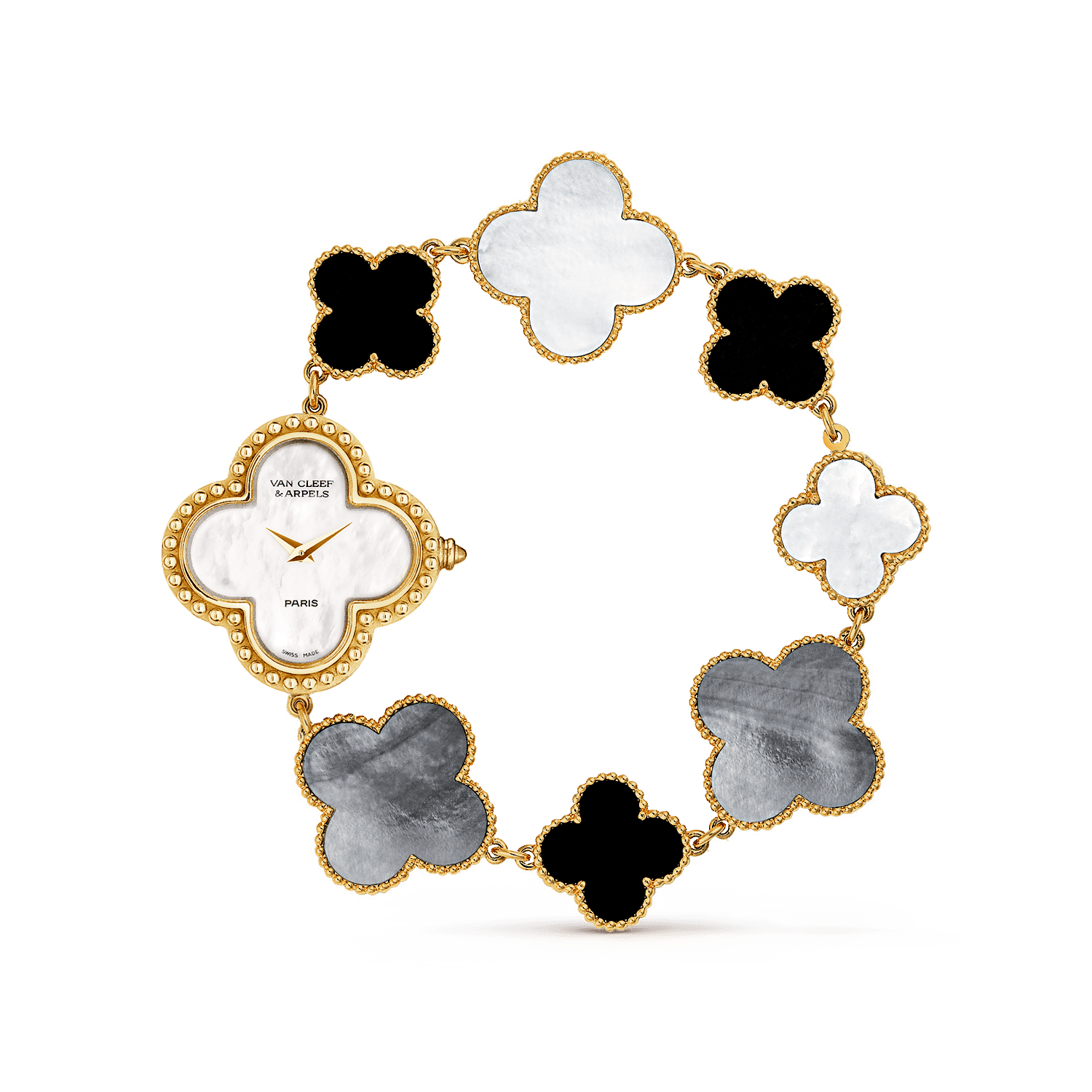 Alhambra watch, small model — white mother-of-pearl, yellow gold — VCARPEU800