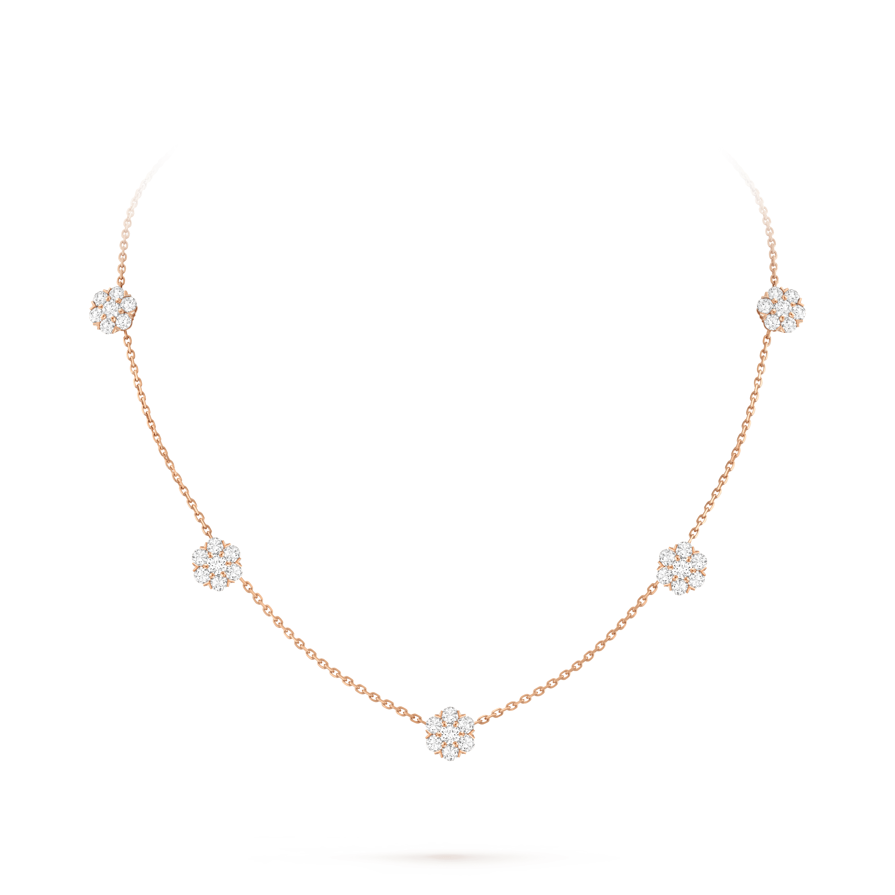 Fleurette necklace, 5 flowers — diamond, rose gold — VCARPEBE00