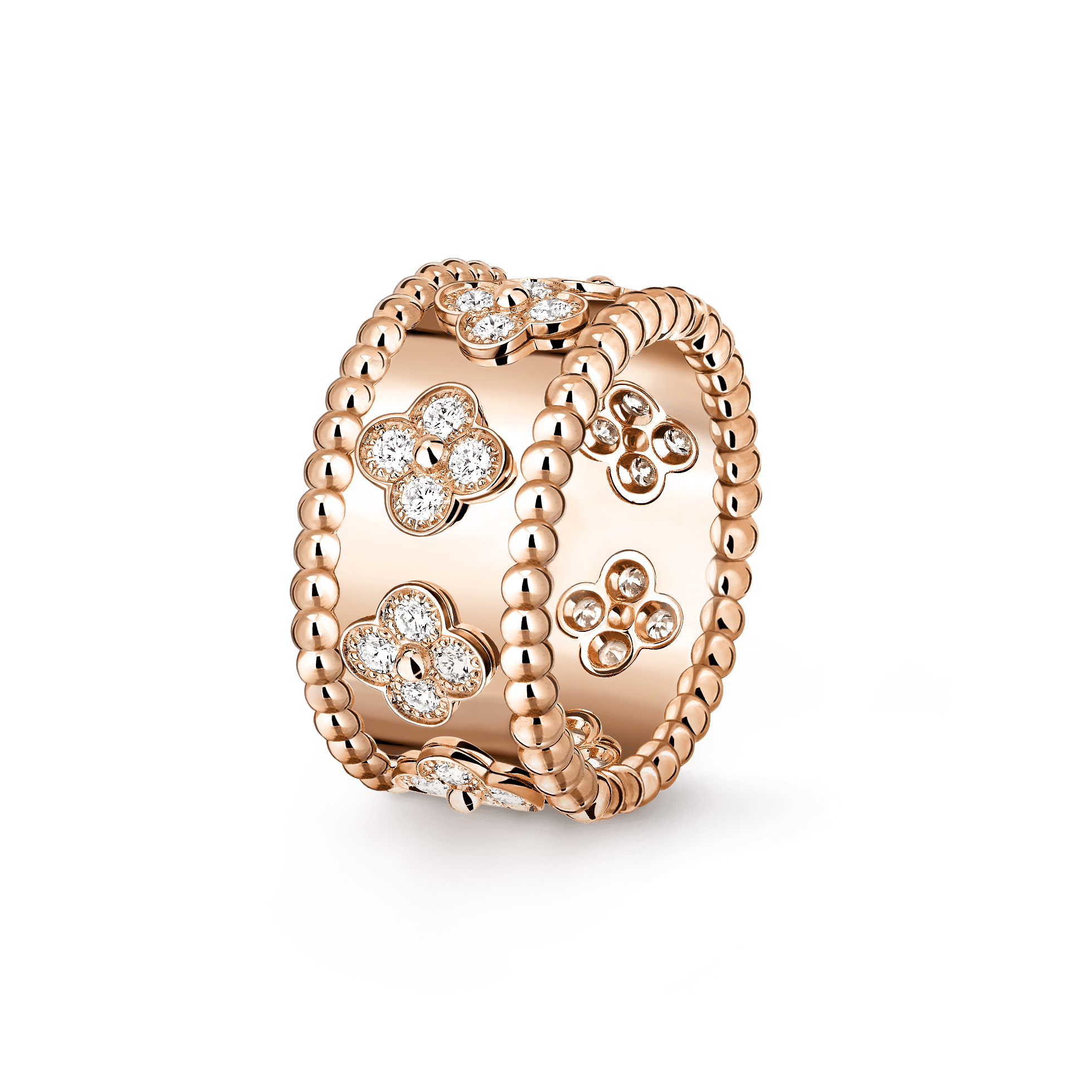 Perlée clovers ring, medium model — diamond, rose gold — VCARO9LN00