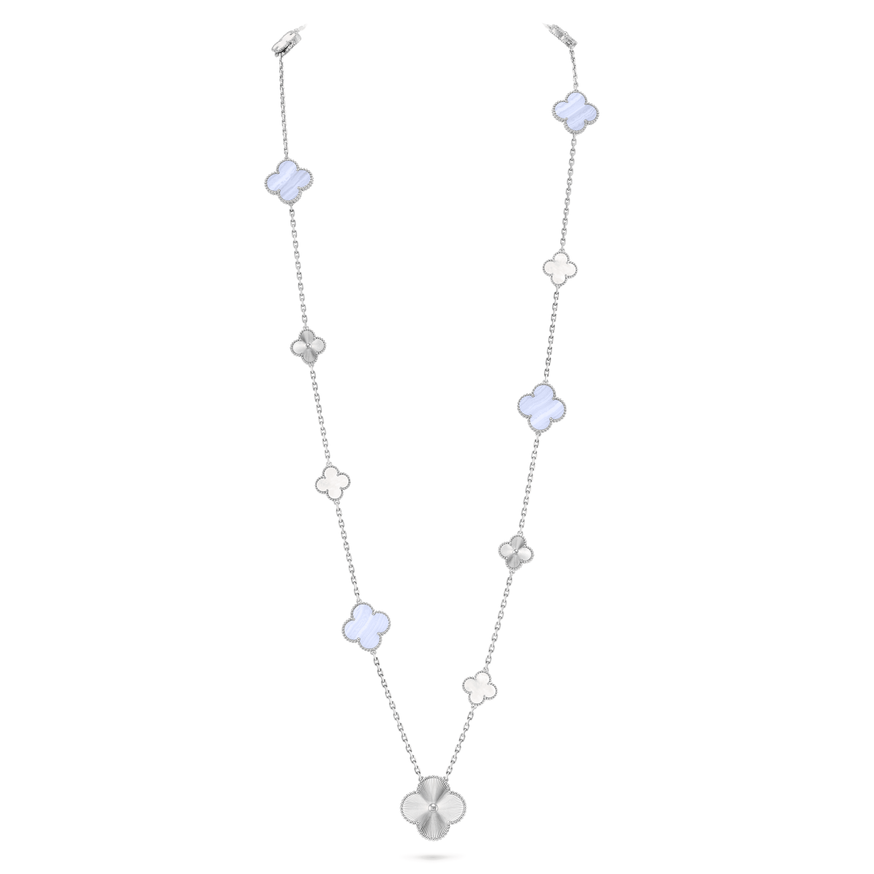 Magic Alhambra transformable long necklace, 15 motifs — guilloché, white gold — VCARPGV000