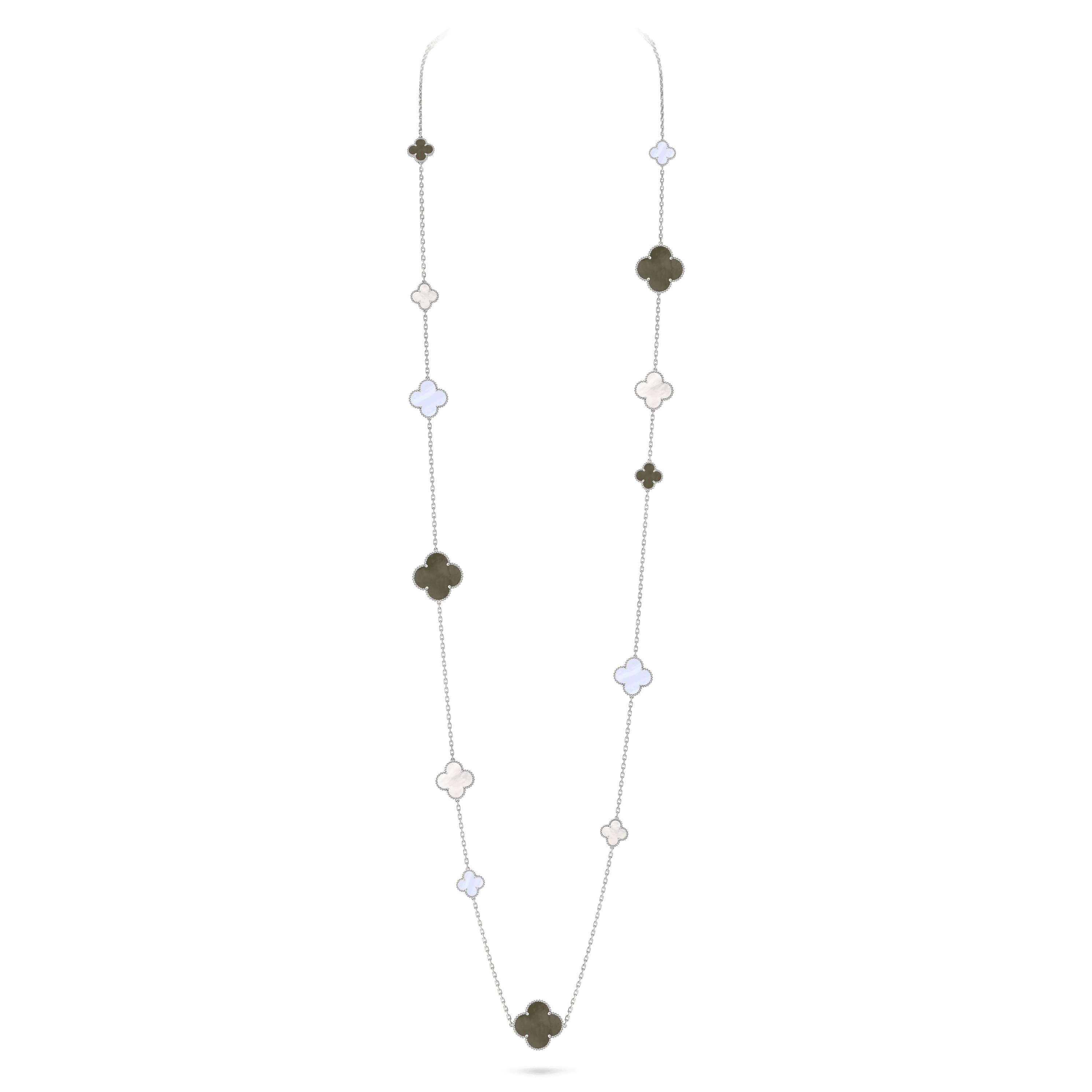 Magic Alhambra long necklace, 16 motifs — gray mother-of-pearl, white gold — VCARN19000