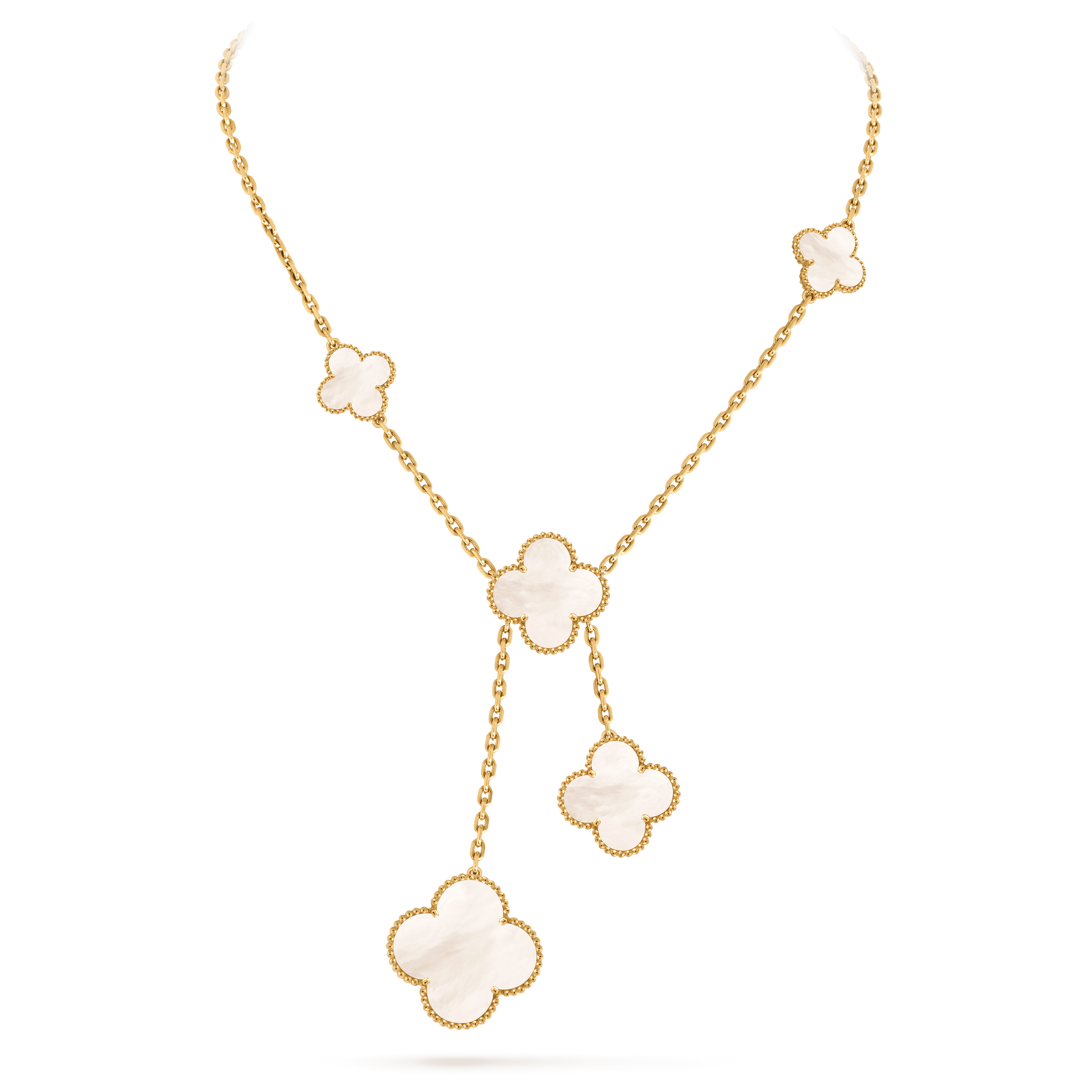 Magic Alhambra necklace, 6 motifs — white mother-of-pearl, yellow gold — VCARD79100