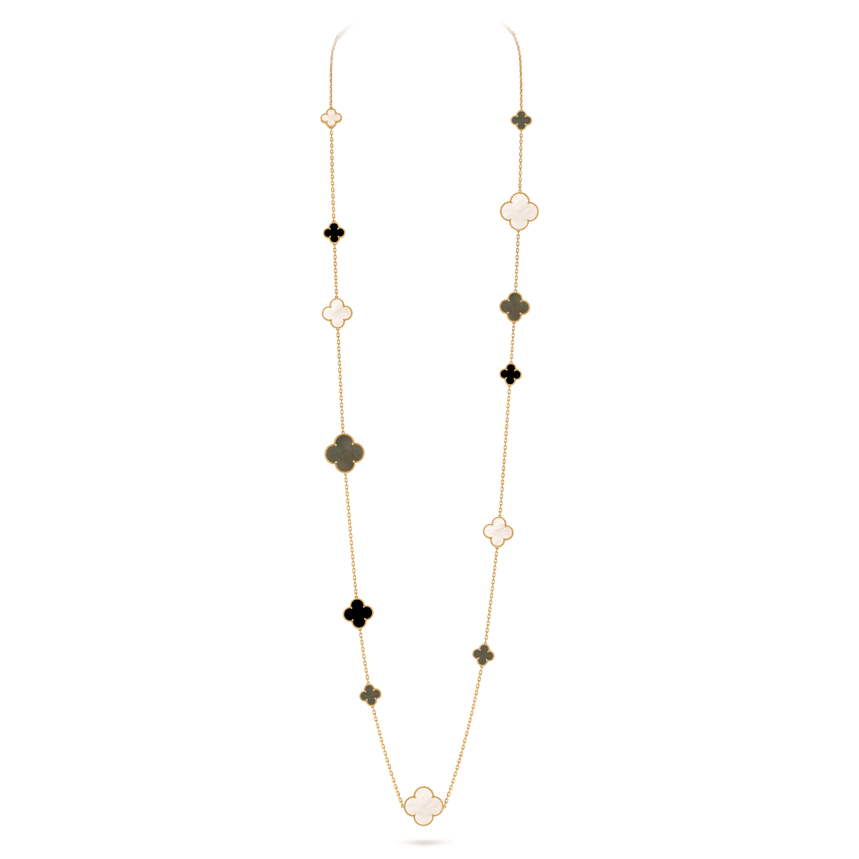 Magic Alhambra long necklace, 16 motifs — gray mother-of-pearl, yellow gold — VCARD79400