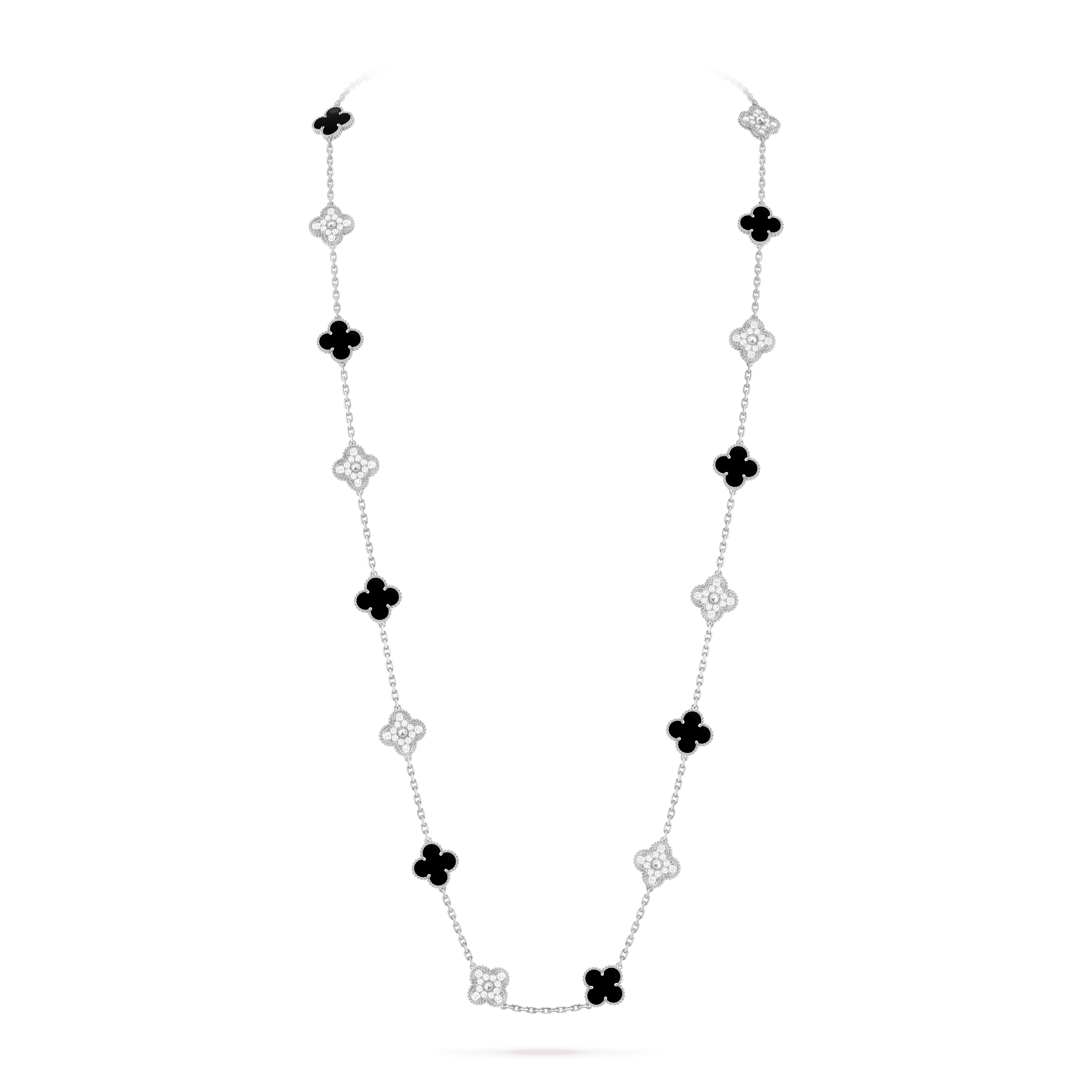 Vintage Alhambra long necklace, 20 motifs — onyx, white gold — VCARP2R800